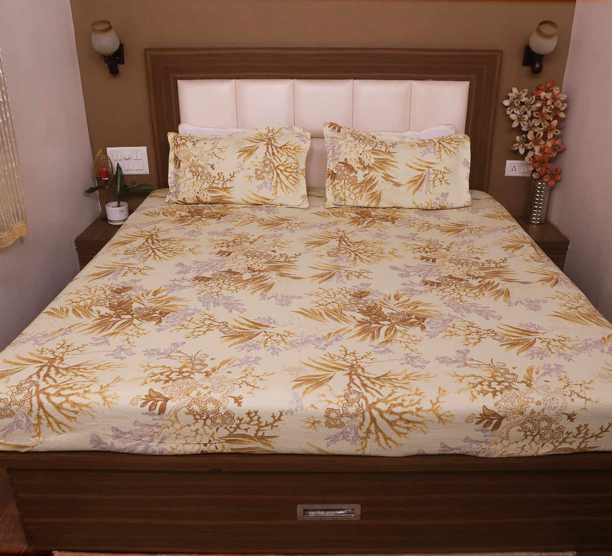 Yellow Coral Print Double Bed Cover