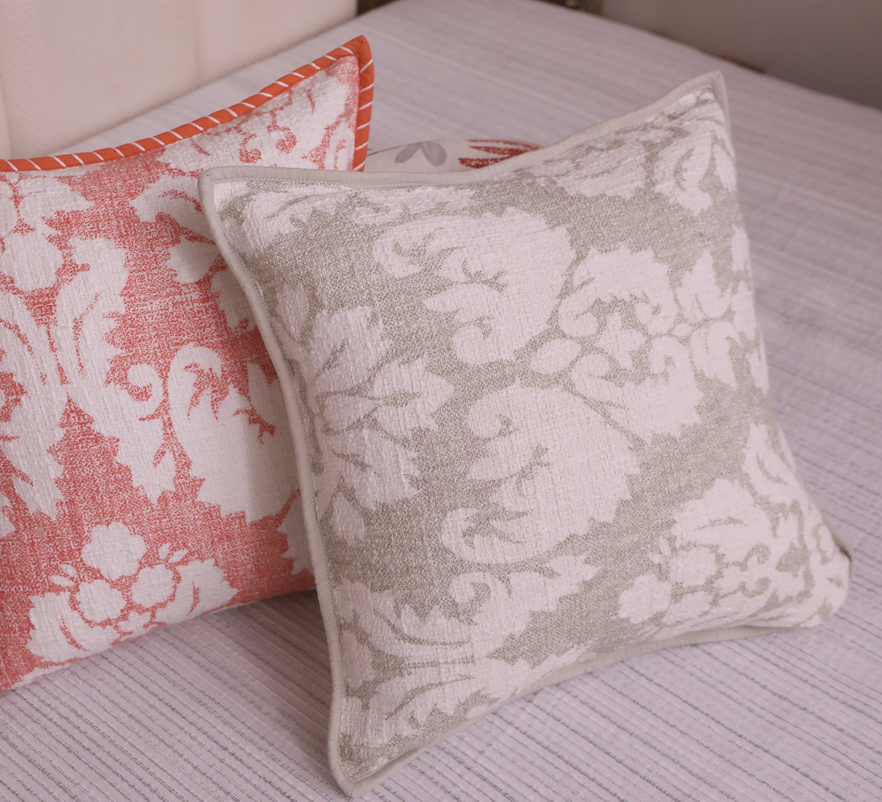 Beige Cotton Slub Floral Cushion Cover