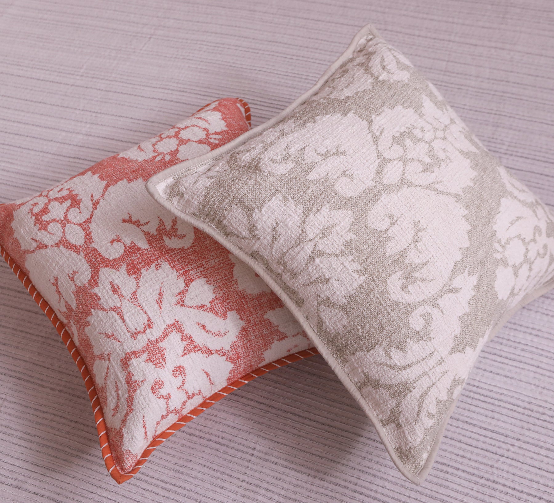 Beige Cotton Slub Floral Cushion Cover