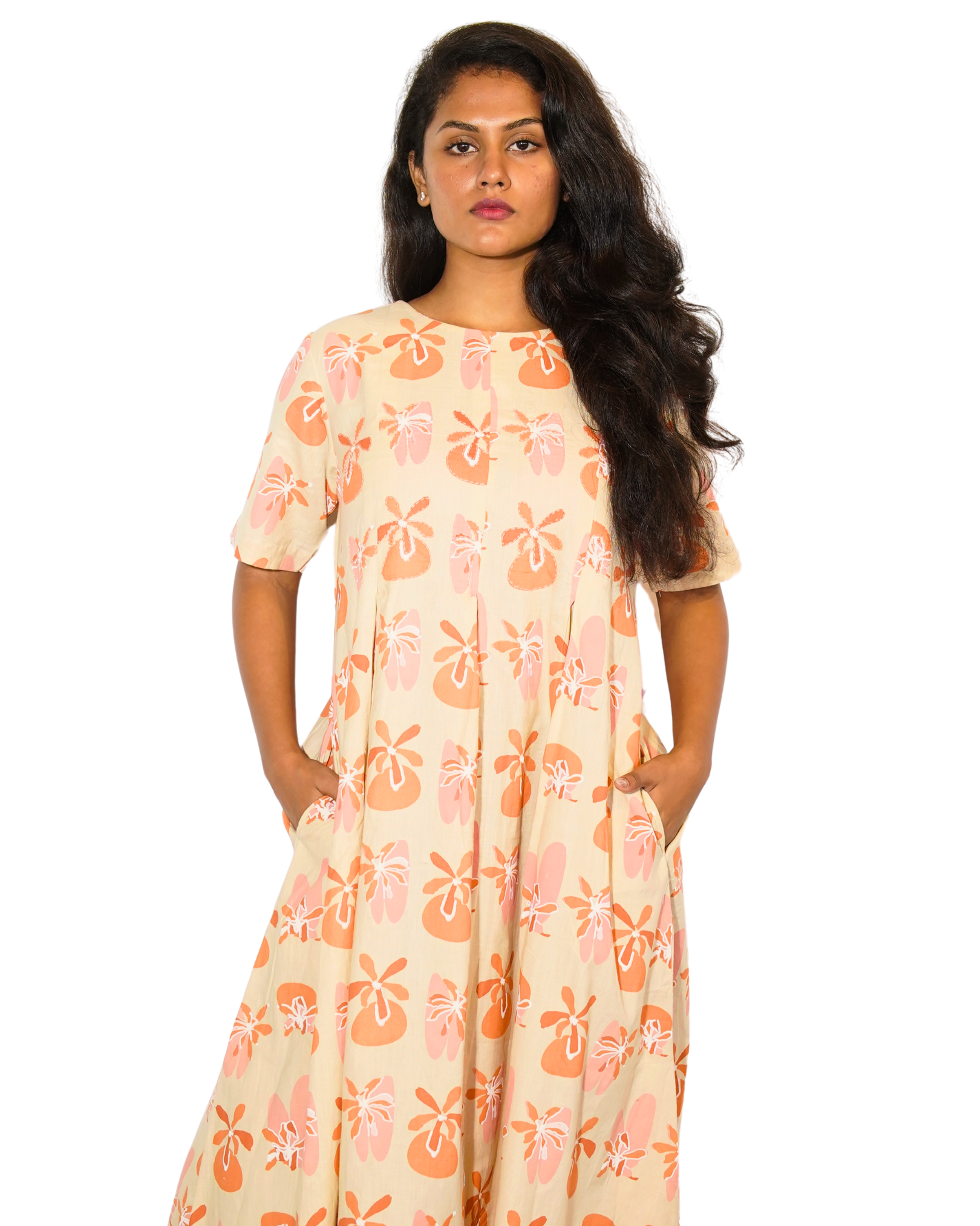 Taru and Agni printed mid length dress with hand embroidery