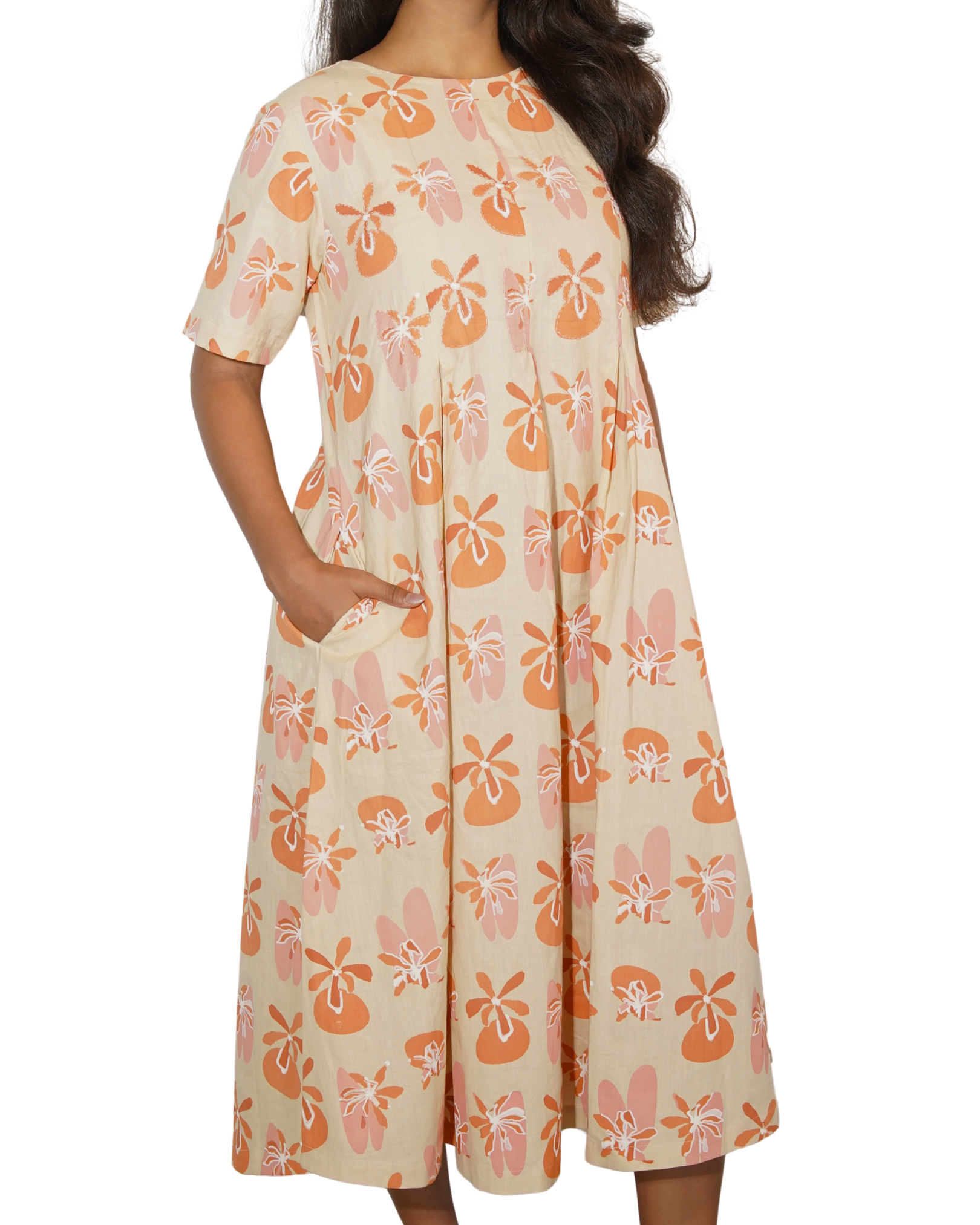 Taru and Agni printed mid length dress with hand embroidery