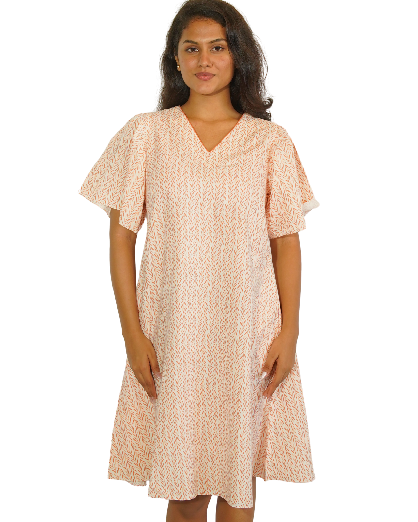 Taru and agni coral on white printed dress