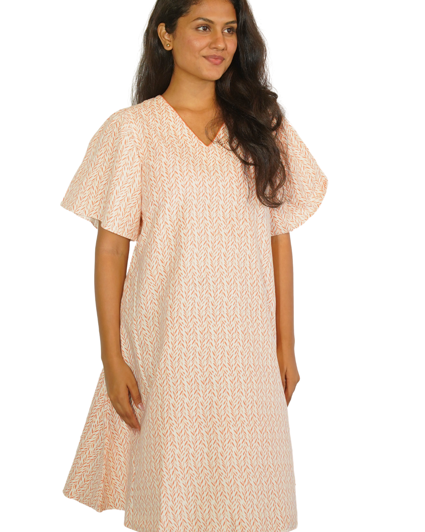 Taru and agni coral on white printed dress