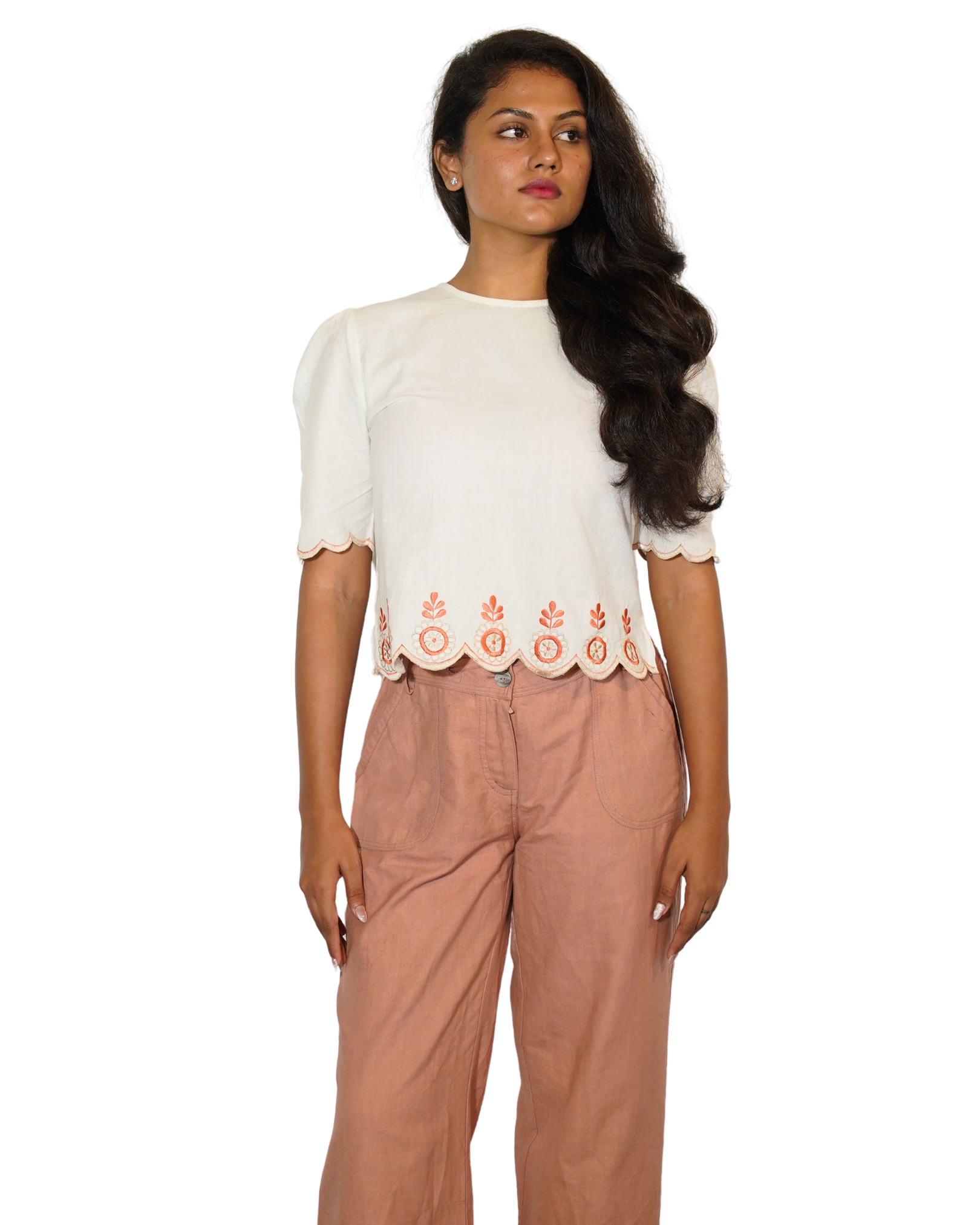 Taru and Agni white top with coral and beige embroidery