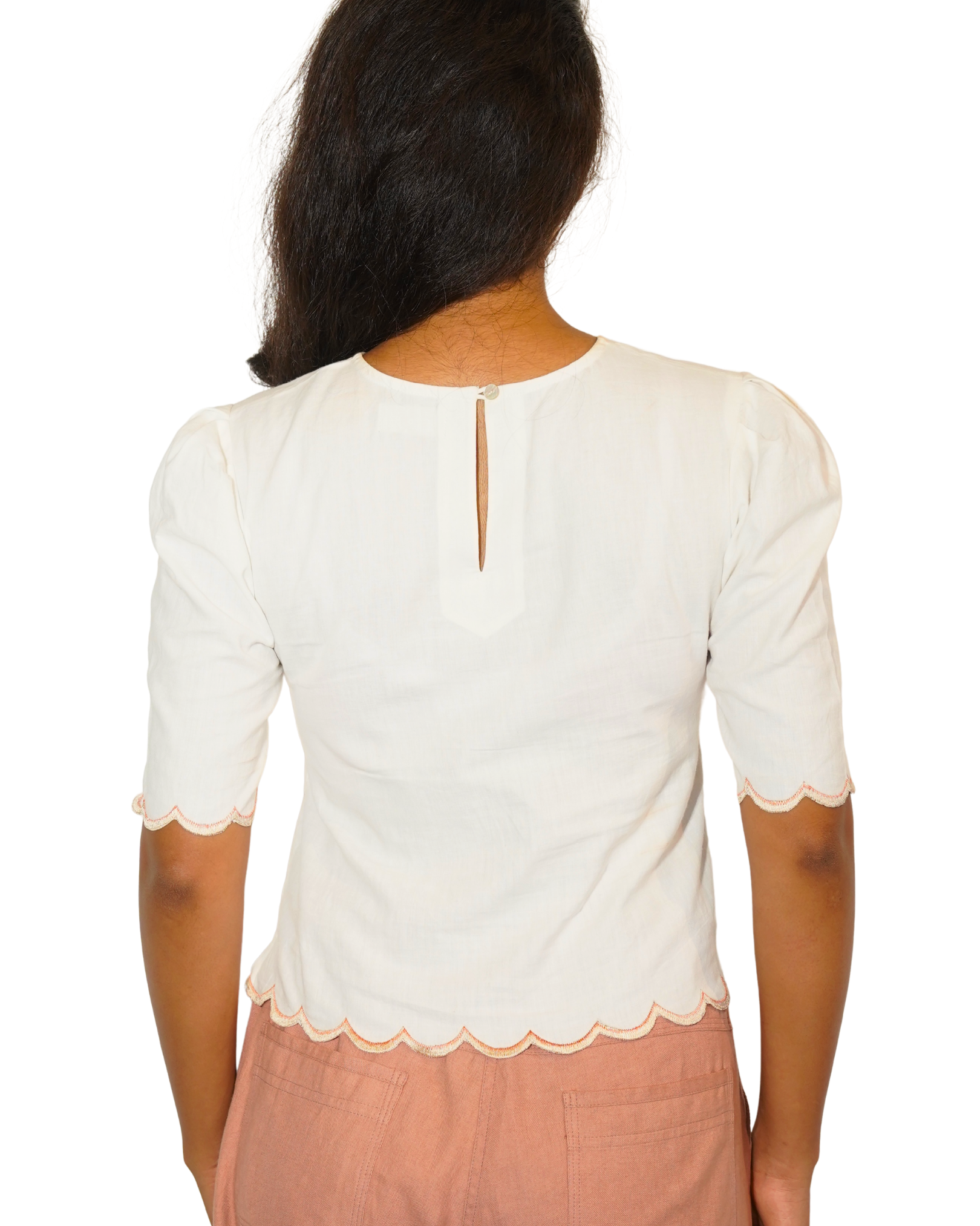 Taru and Agni white top with coral and beige embroidery