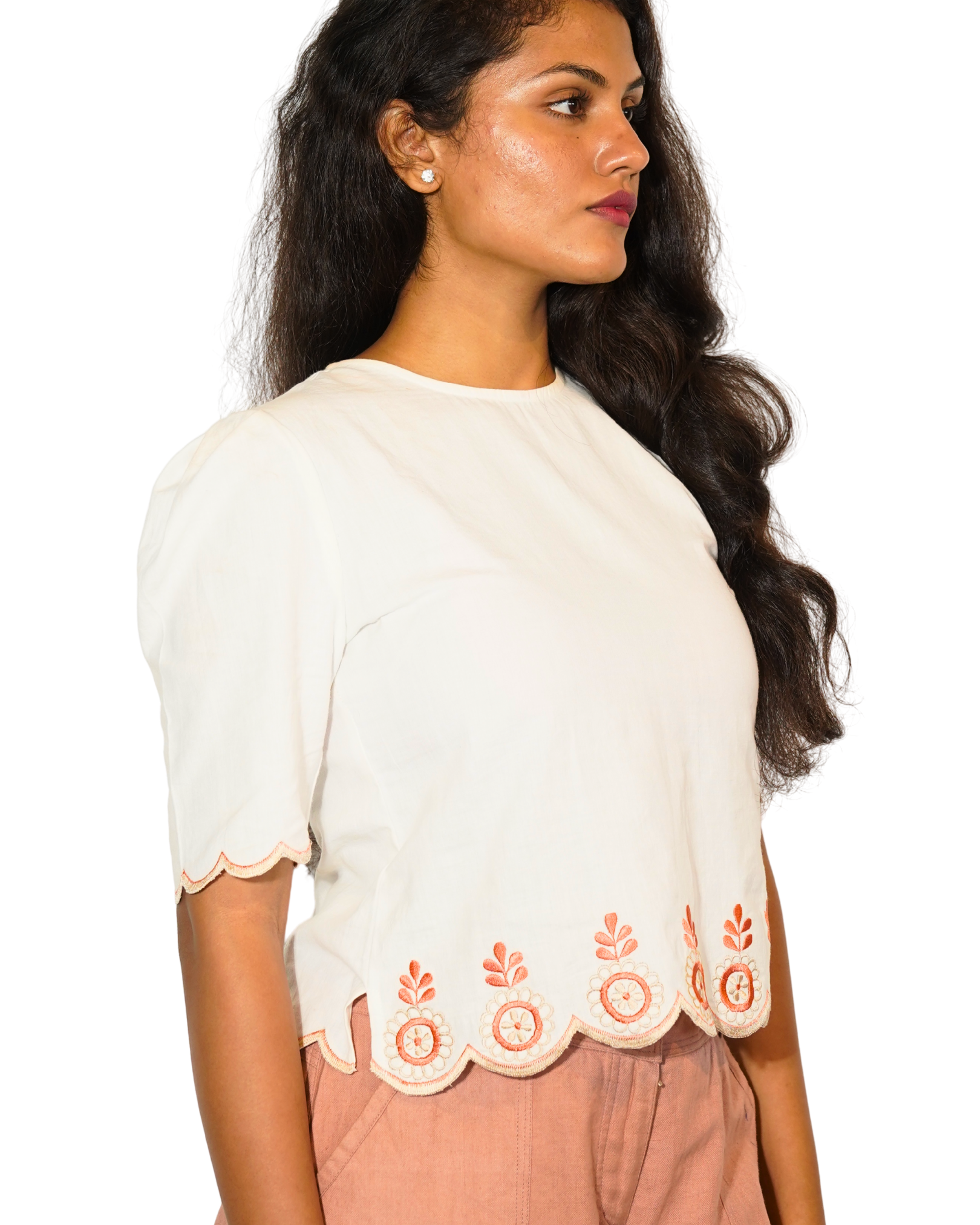 Taru and Agni white top with coral and beige embroidery