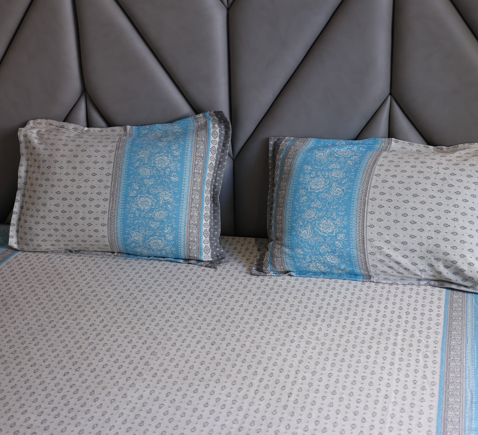 Jacquard Woven Blue and Grey Double Bed Cover