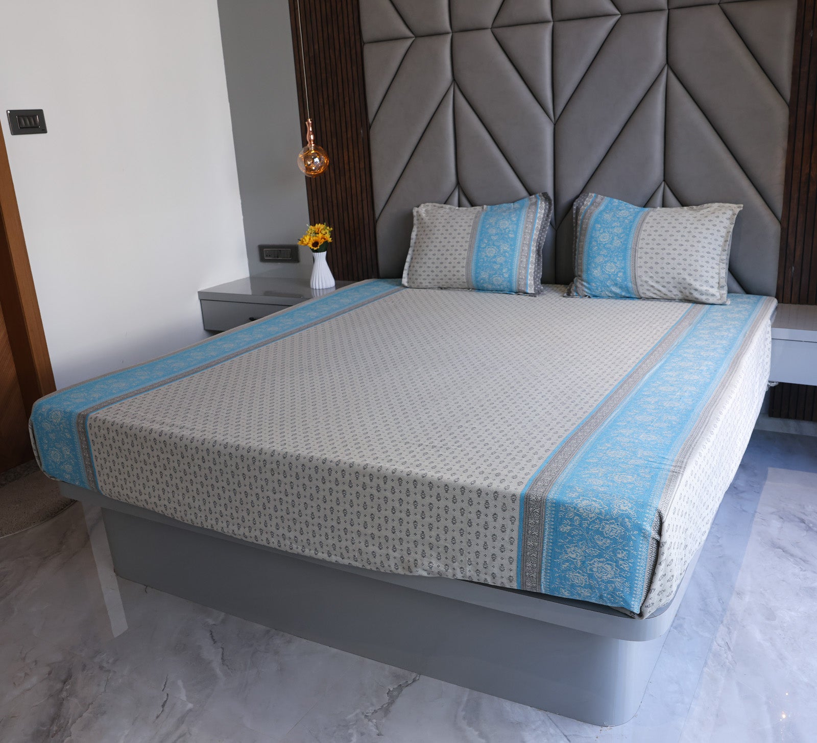 Jacquard Woven Blue and Grey Double Bed Cover