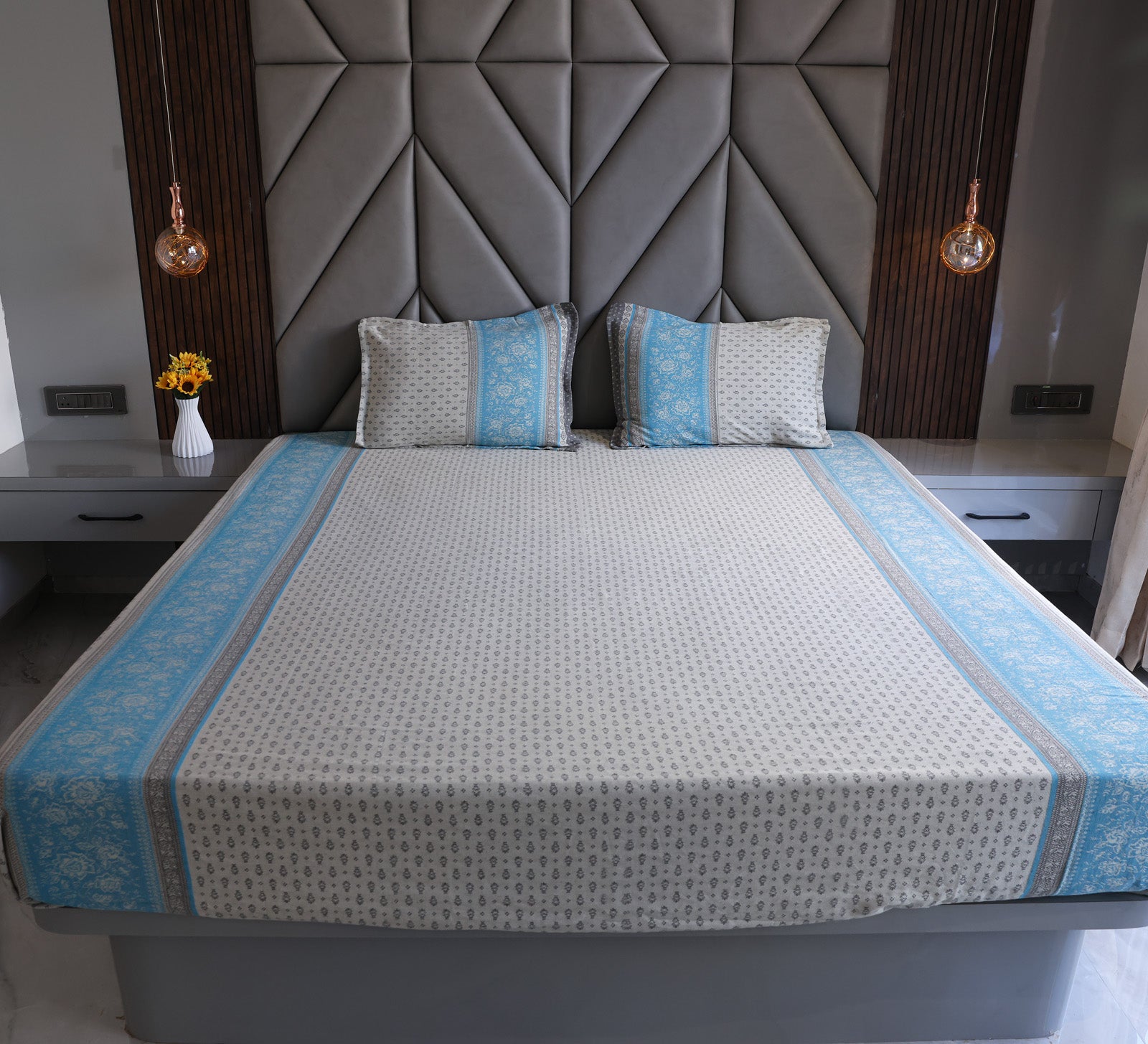 Jacquard Woven Blue and Grey Double Bed Cover