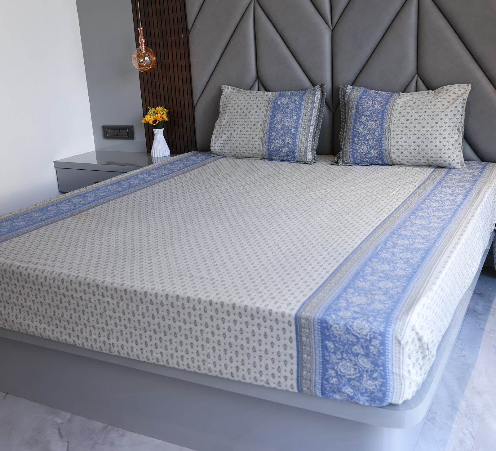 Jacquard Woven Navy Blue and Grey Double Bed Cover
