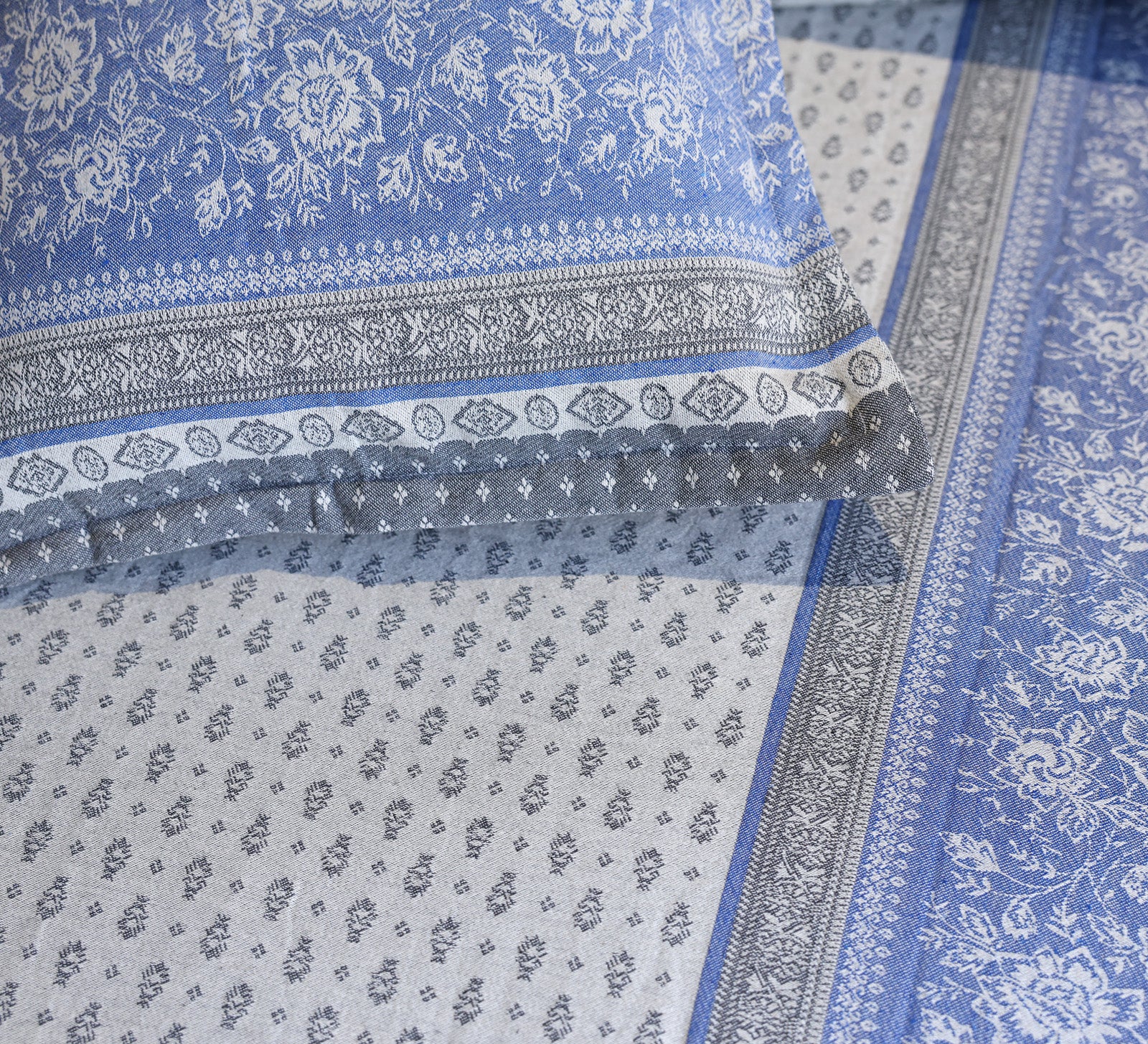 Jacquard Woven Navy Blue and Grey Double Bed Cover