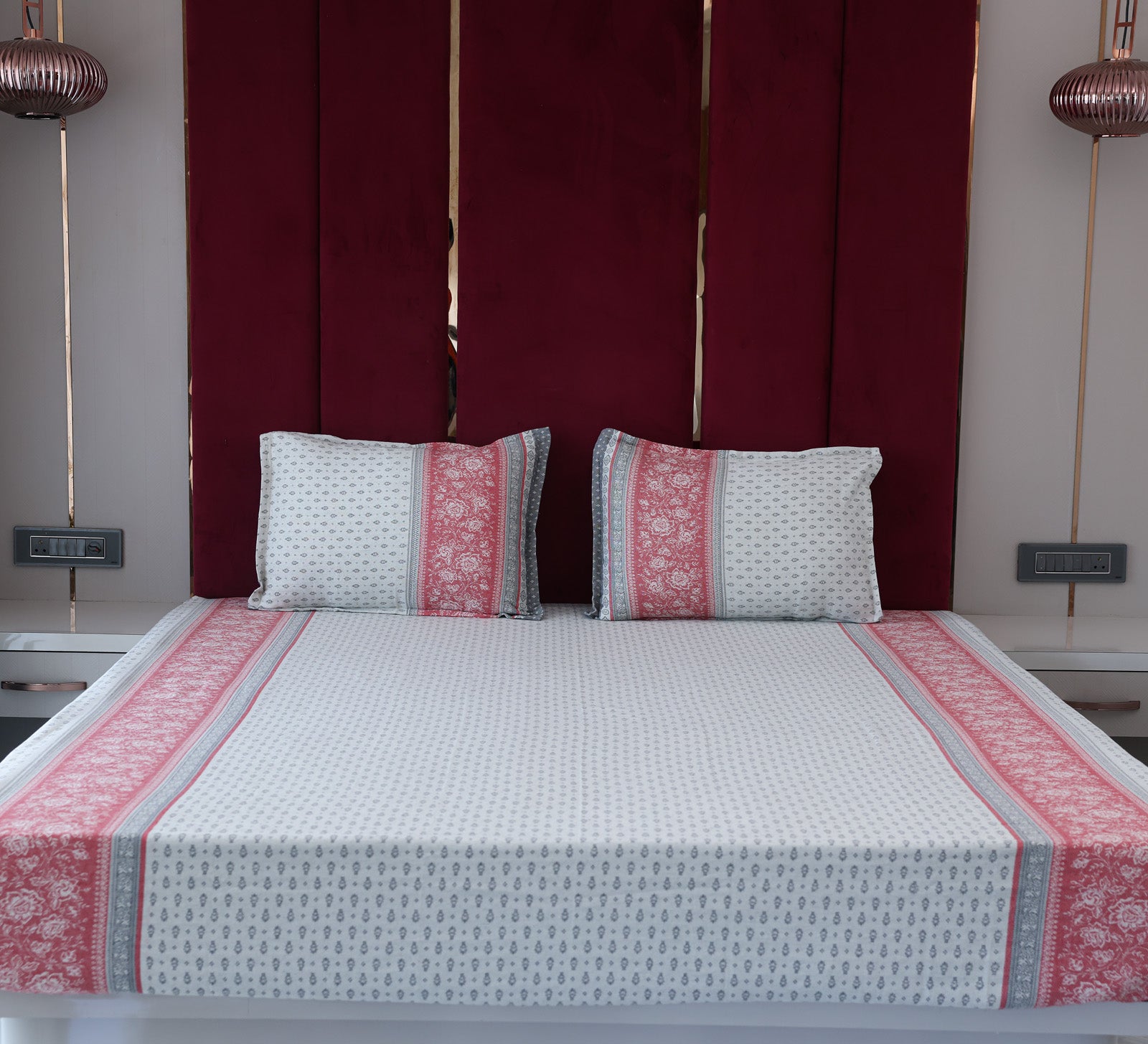 Jacquard Woven Red and Grey Double Bed Cover