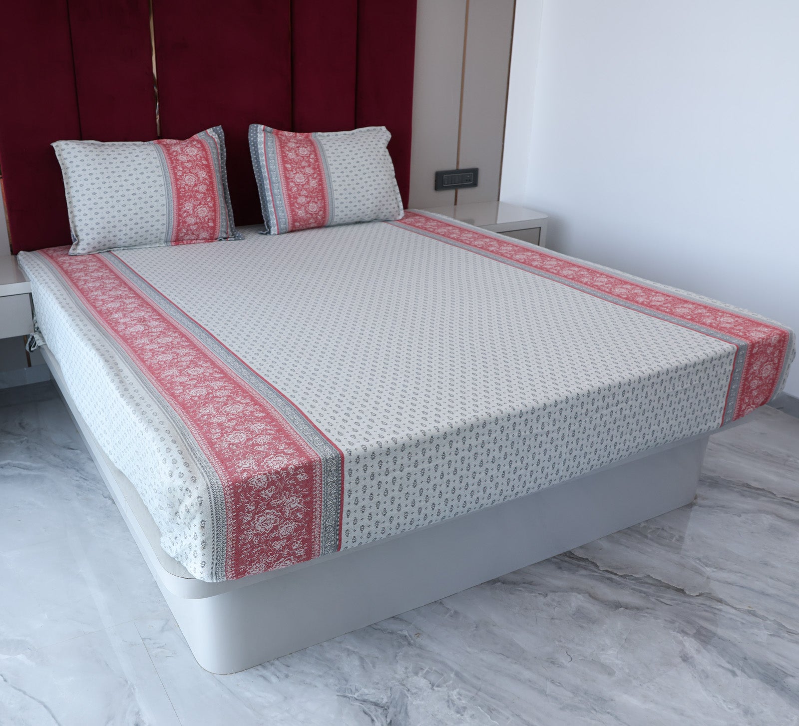 Jacquard Woven Red and Grey Double Bed Cover