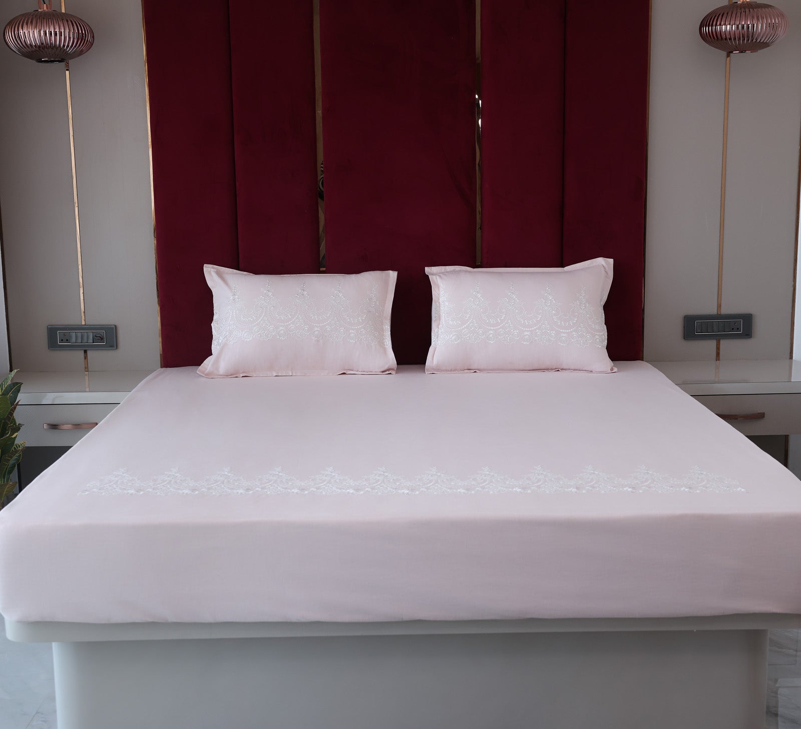 Pink 100% Cotton Embroided Double bed sheet