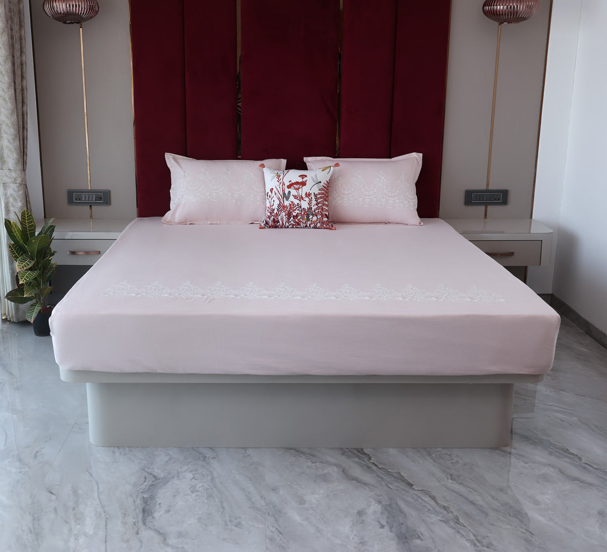 Pink 100% Cotton Embroided Double bed sheet