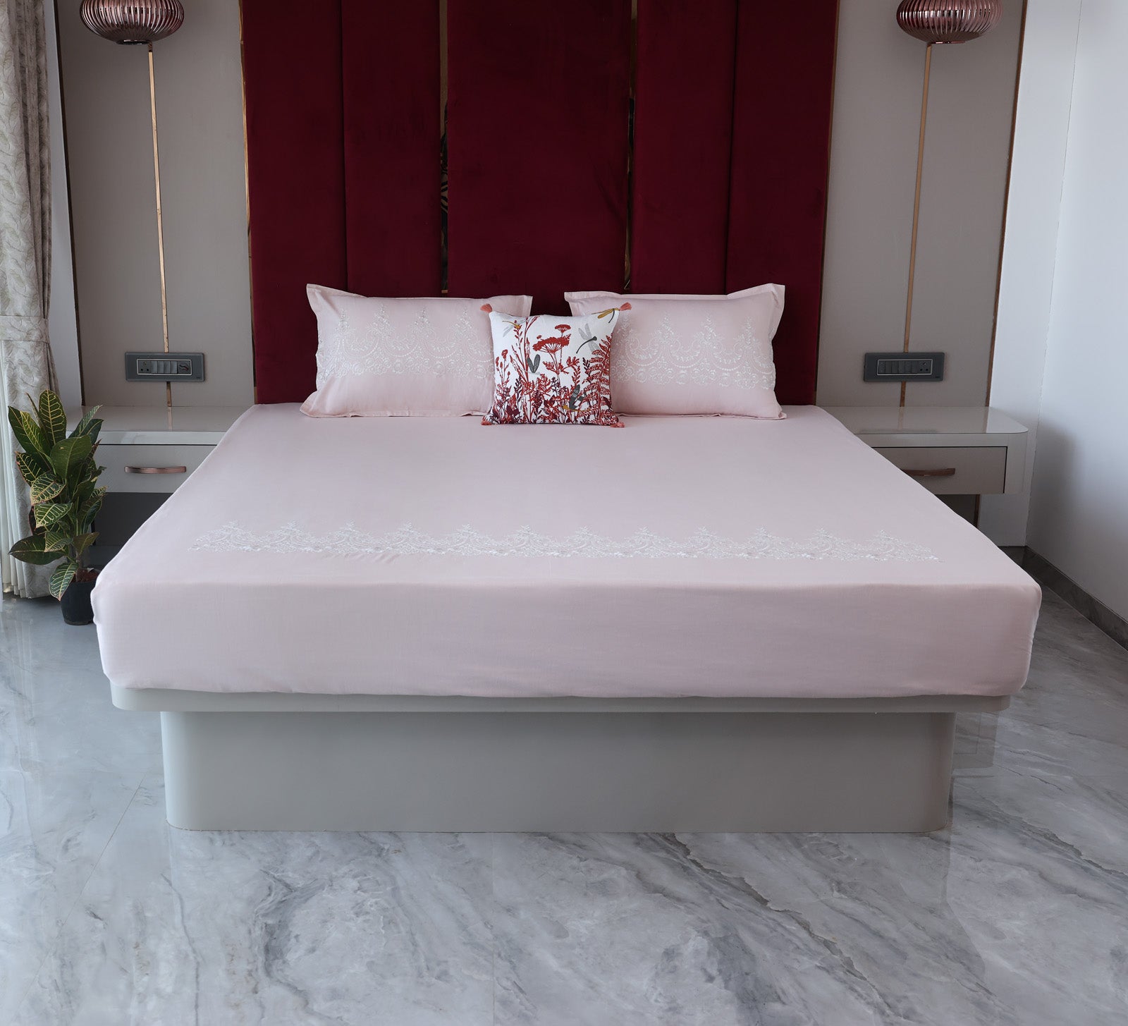 Pink 100% Cotton Embroided Double bed sheet