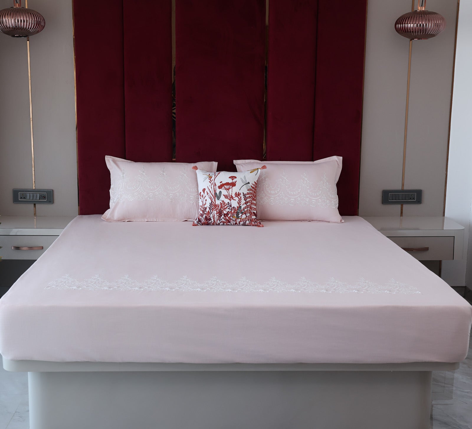 Pink 100% Cotton Embroided Double bed sheet