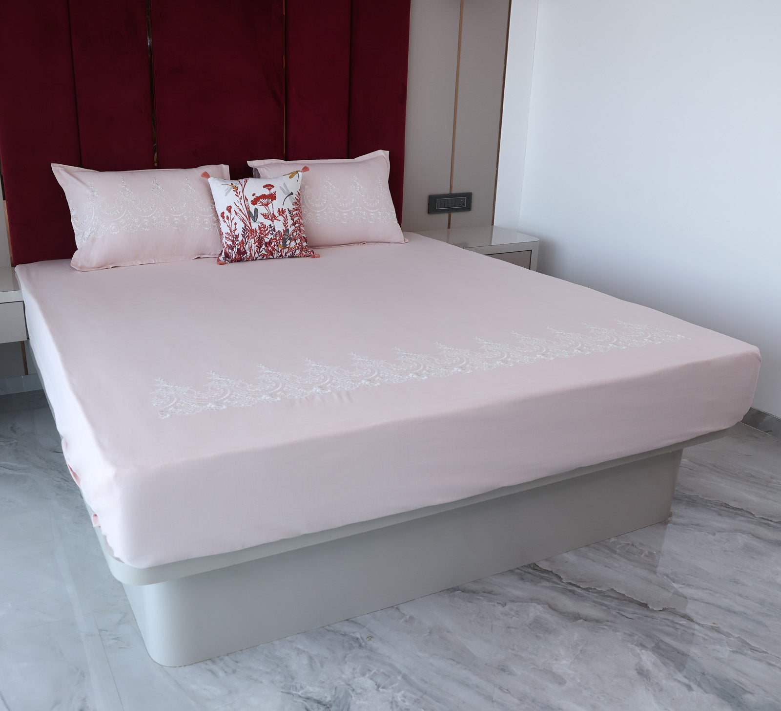 Pink 100% Cotton Embroided Double bed sheet