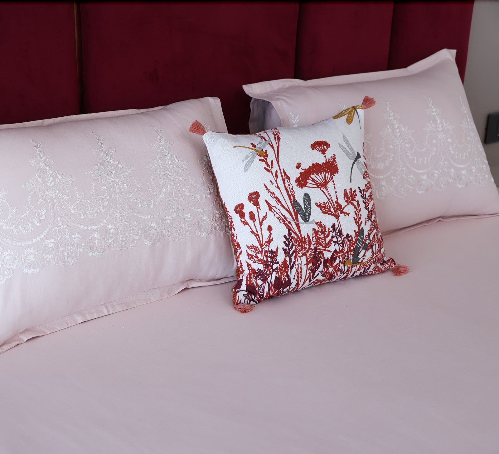 Pink 100% Cotton Embroided Double bed sheet
