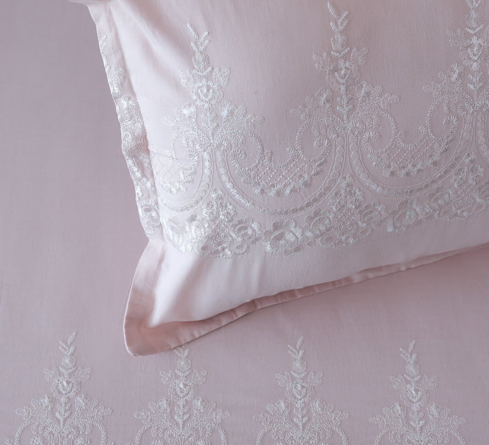 Pink 100% Cotton Embroided Double bed sheet