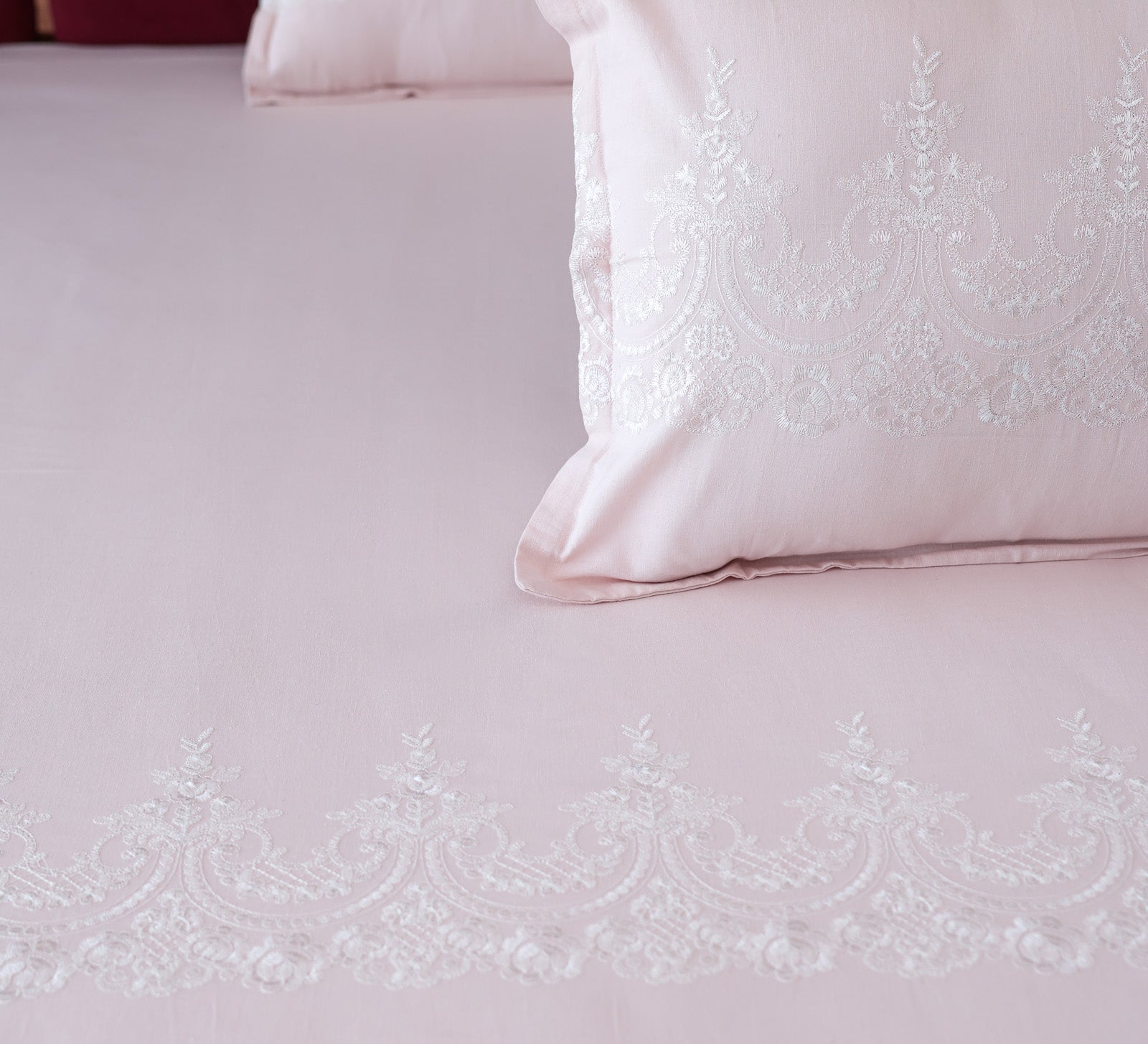 Pink 100% Cotton Embroided Double bed sheet
