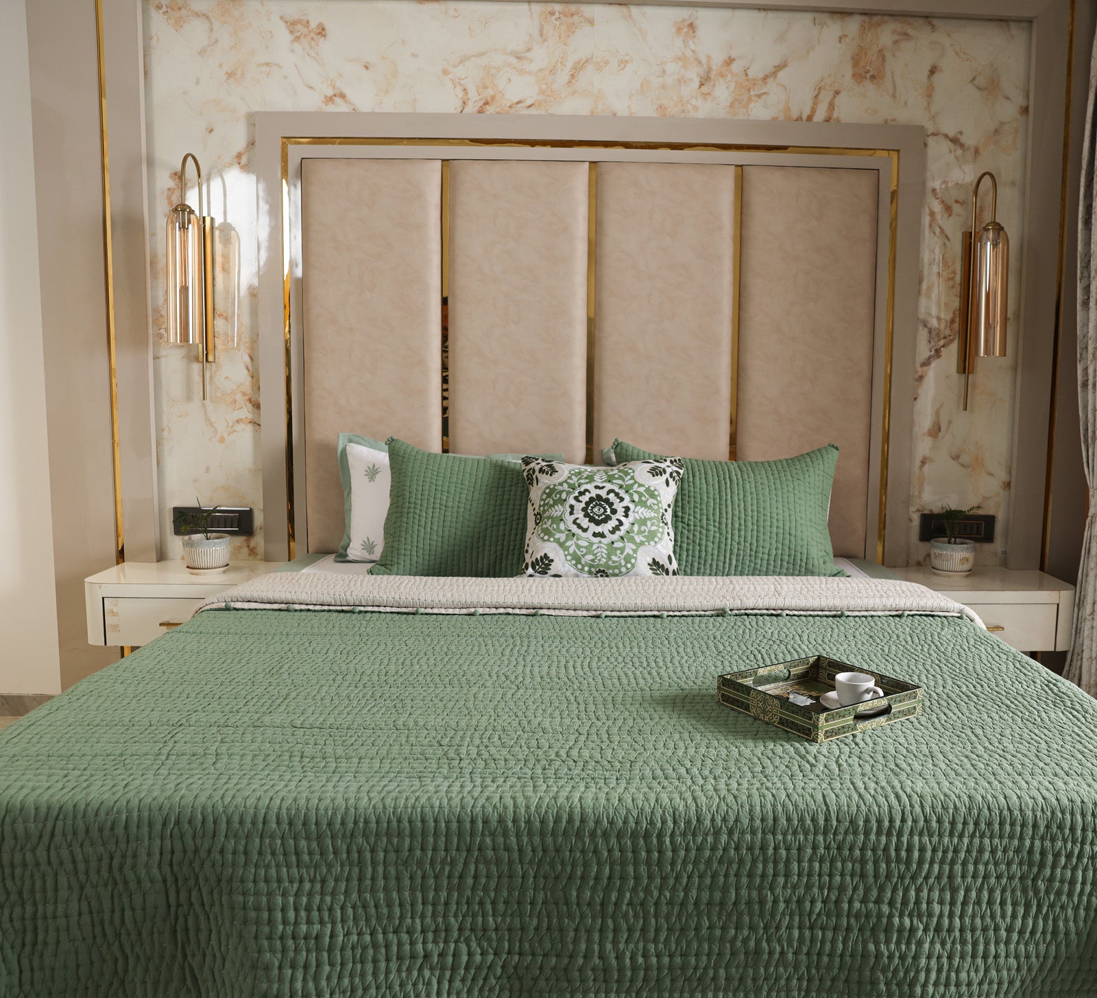 Hand quilted reversable double bed quilt with pompom