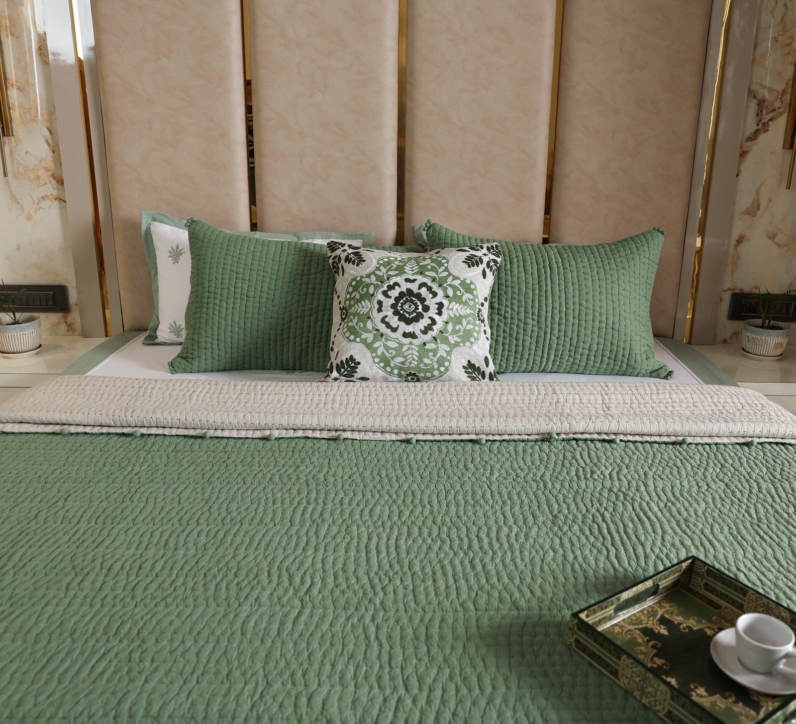 Hand quilted reversable double bed quilt with pompom