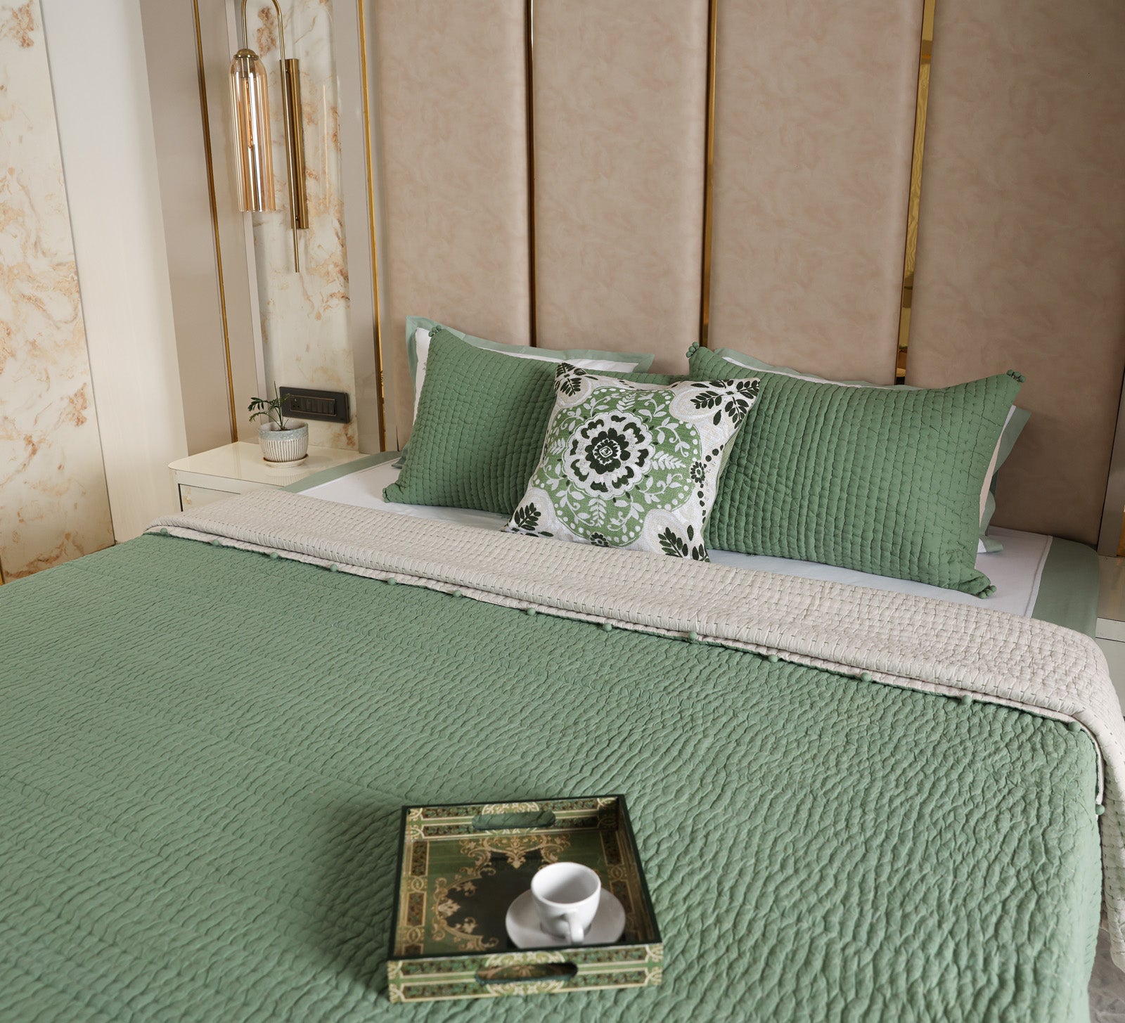 Hand quilted reversable double bed quilt with pompom