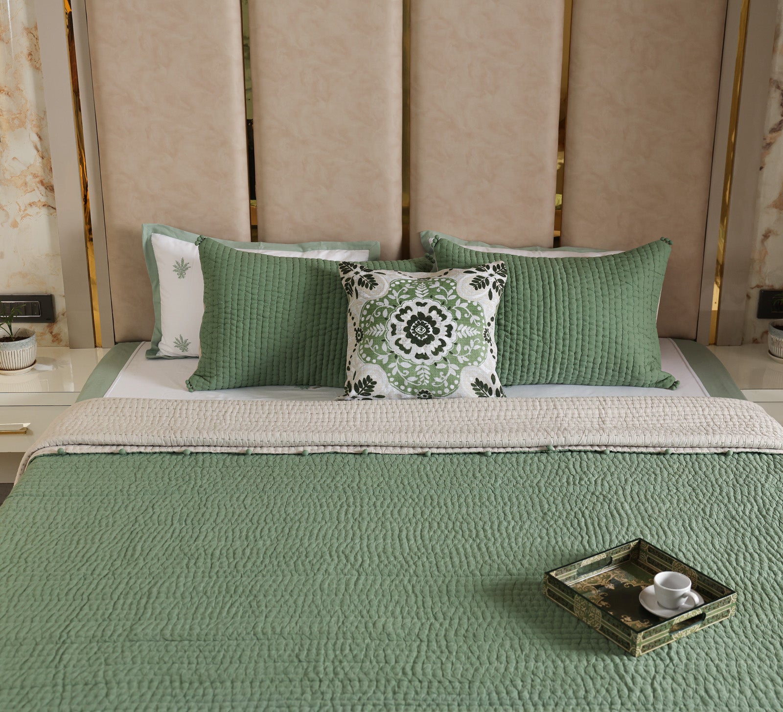 Hand quilted reversable double bed quilt with pompom