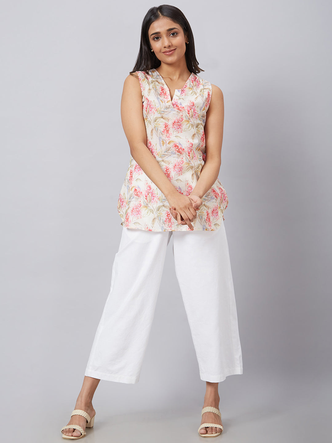 Eco Khadi Muslin Pink Multi Printed Sleeveless Top - Zia