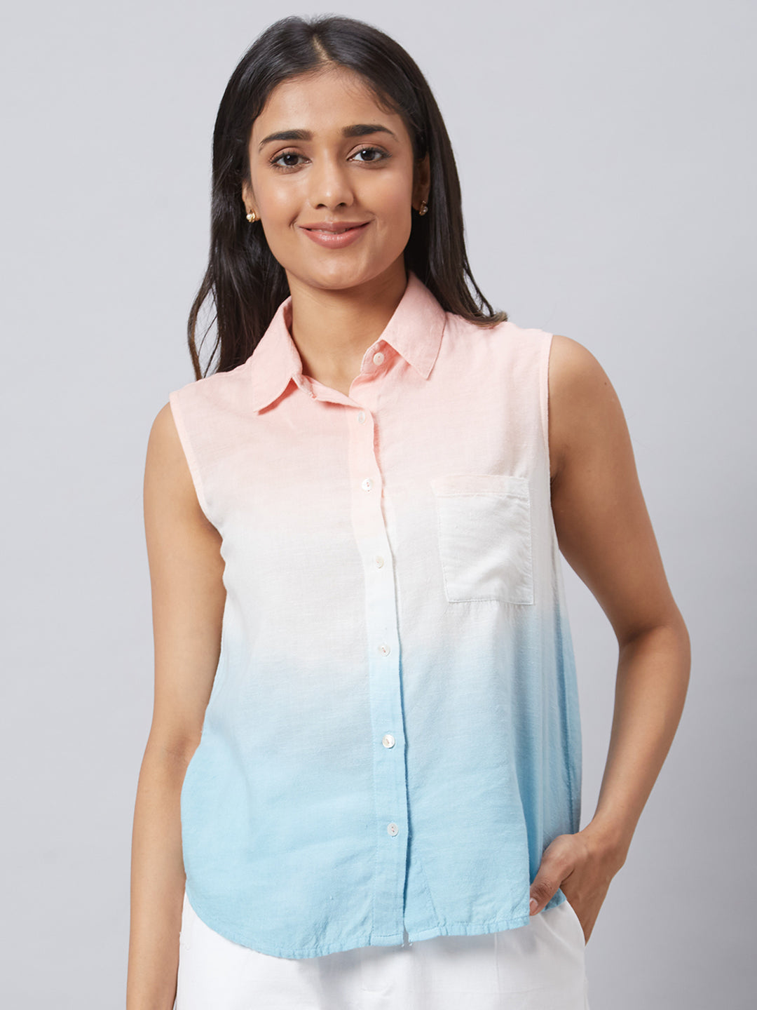Eco Khadi Cotton Pink Blue Ombre Sleeveless Shirt