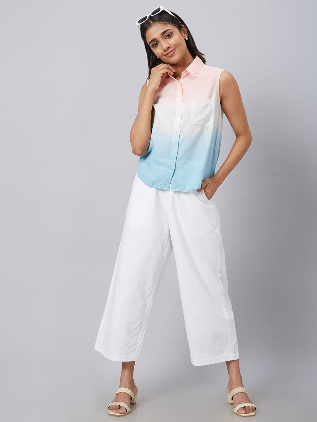 Eco Khadi Cotton Pink Blue Ombre Sleeveless Shirt