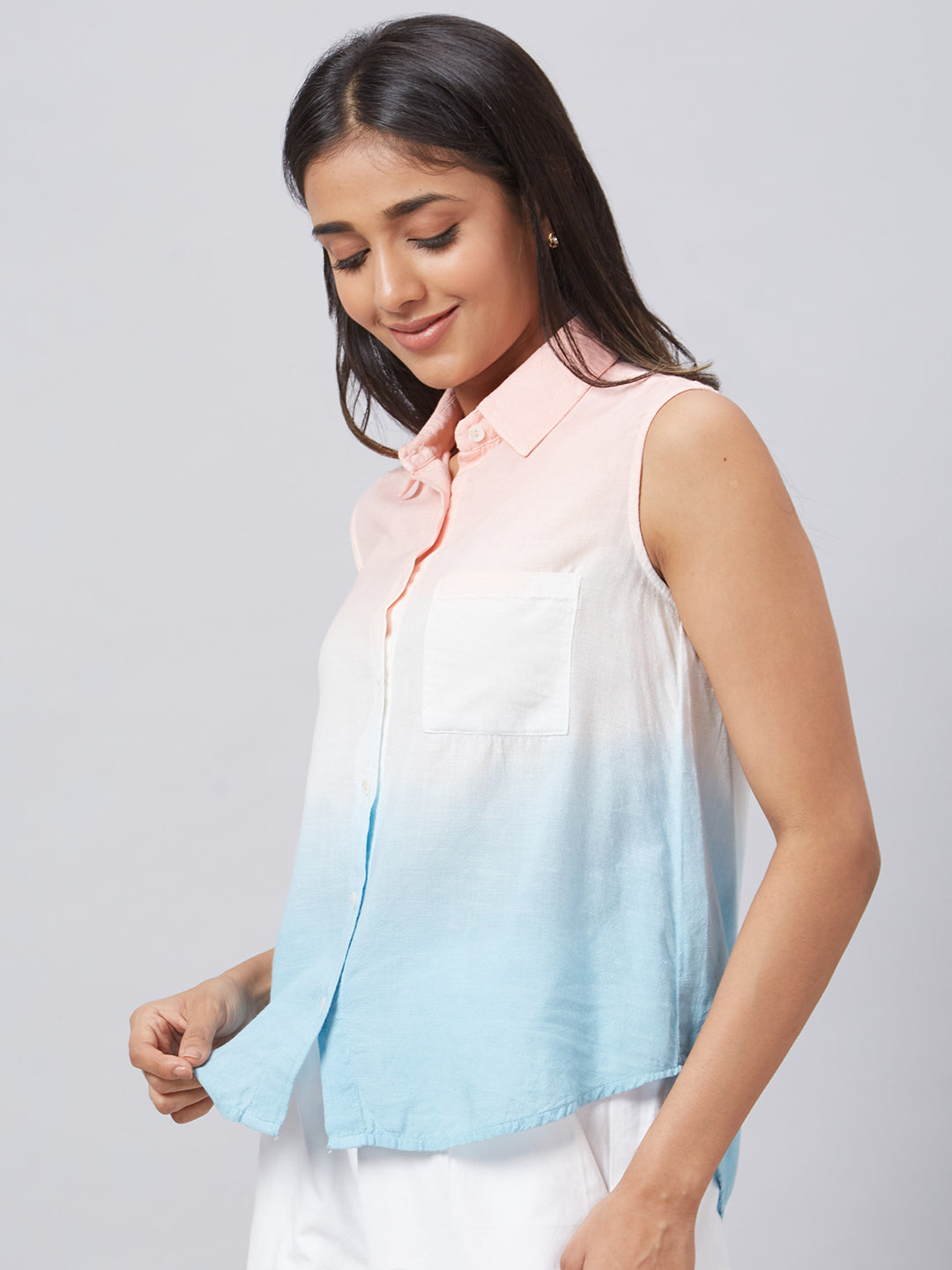 Eco Khadi Cotton Pink Blue Ombre Sleeveless Shirt