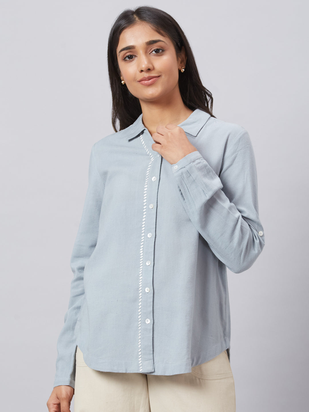 Eco Khadi Cotton Classic Dull Blue Shirt With Stitch Detailing