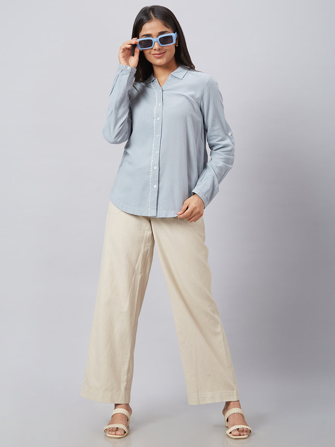 Eco Khadi Cotton Classic Dull Blue Shirt With Stitch Detailing