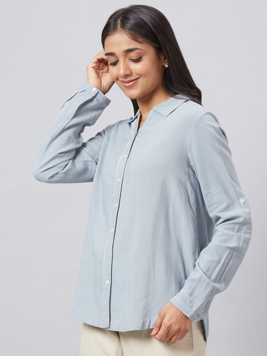 Eco Khadi Cotton Classic Dull Blue Shirt With Stitch Detailing