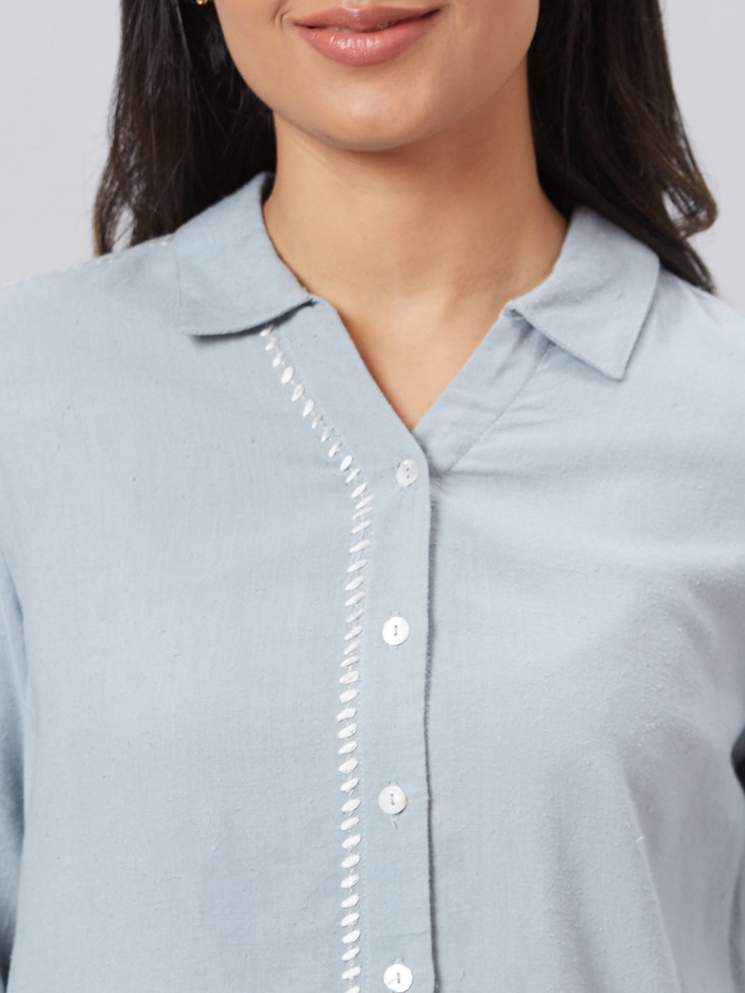 Eco Khadi Cotton Classic Dull Blue Shirt With Stitch Detailing
