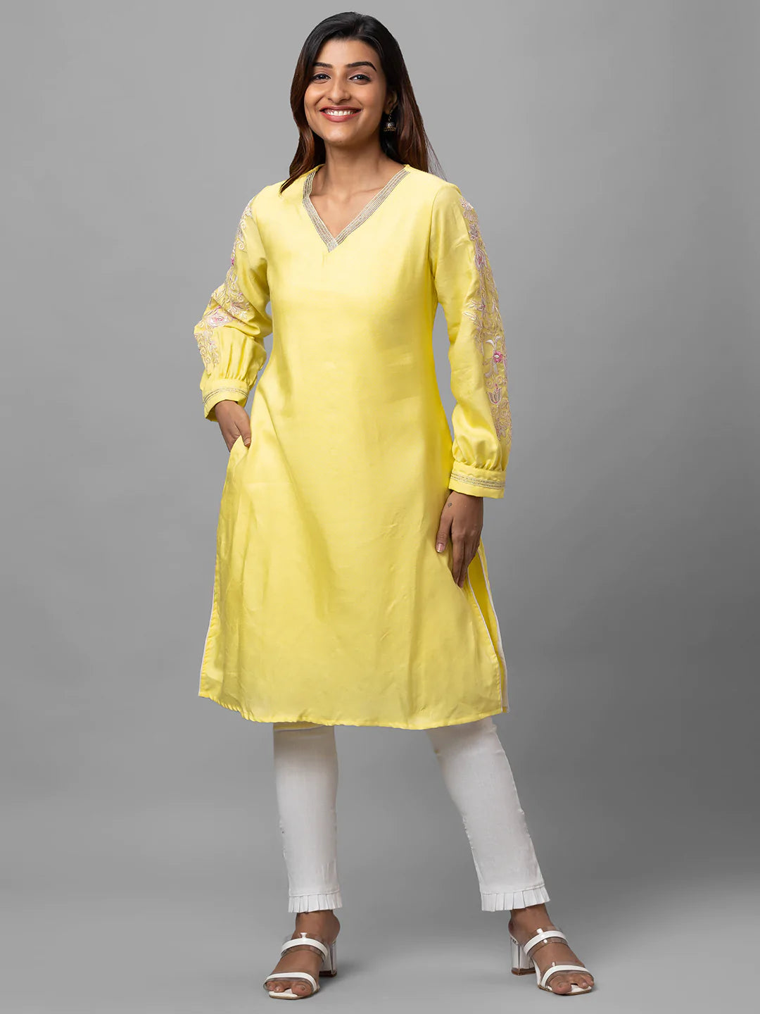 Eco Khadi Silk Yellow Hand Embroidered Kurta With Lace - Neev