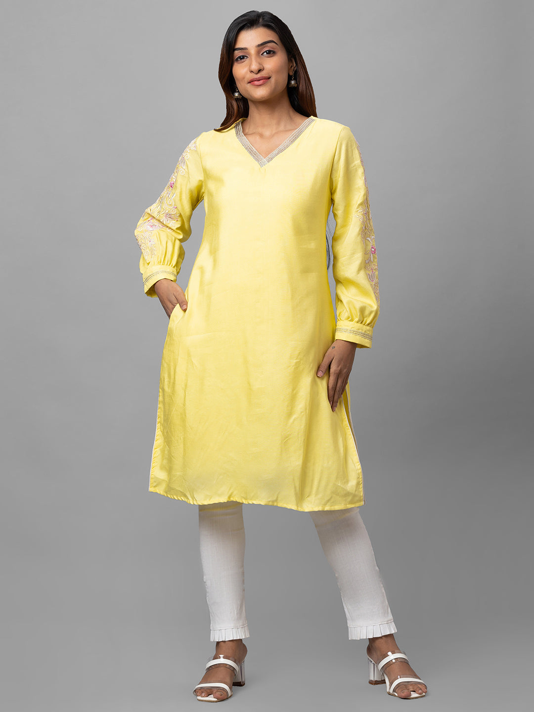 Eco Khadi Silk Yellow Hand Embroidered Kurta With Lace - Neev