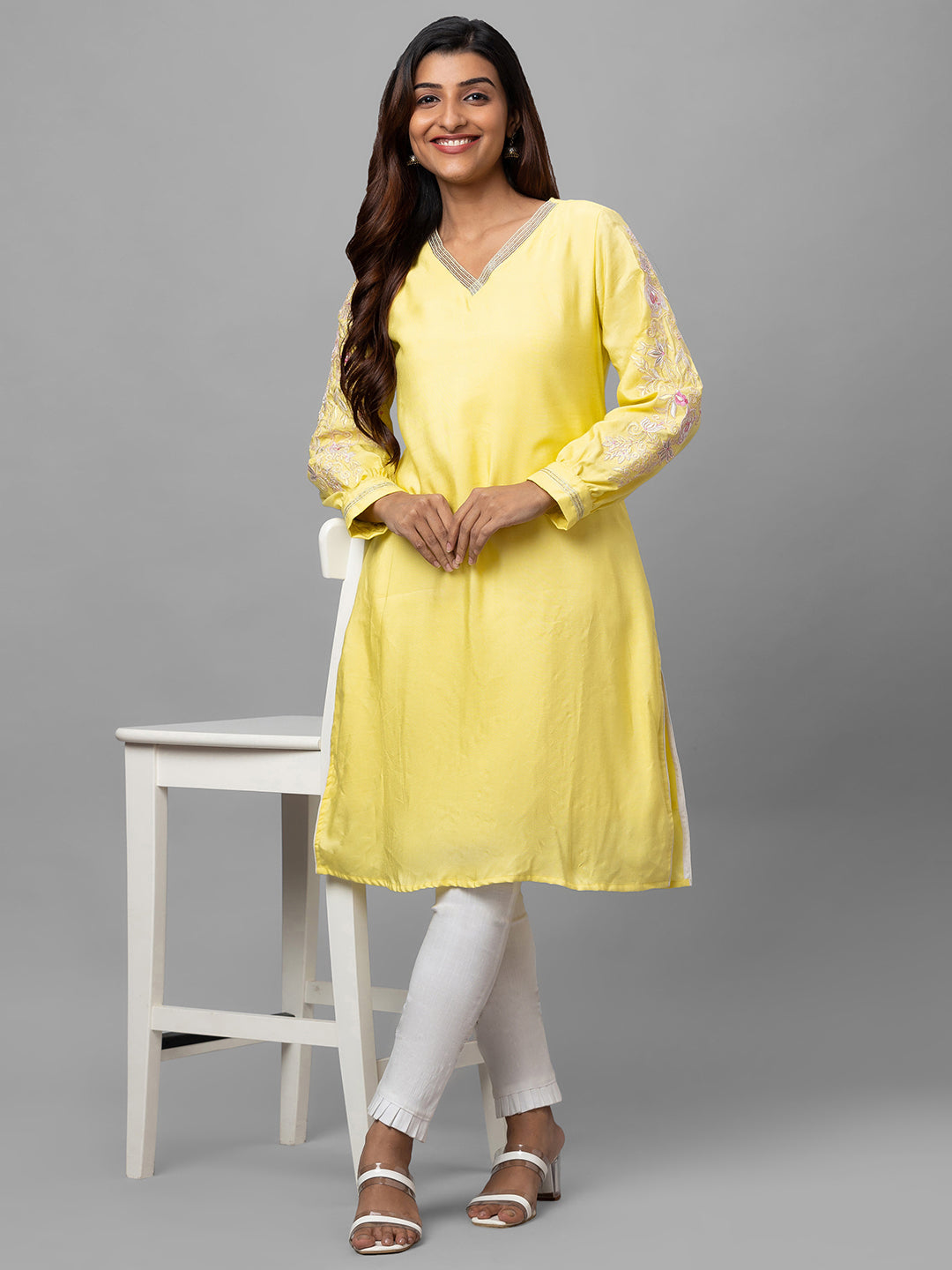 Eco Khadi Silk Yellow Hand Embroidered Kurta With Lace - Neev