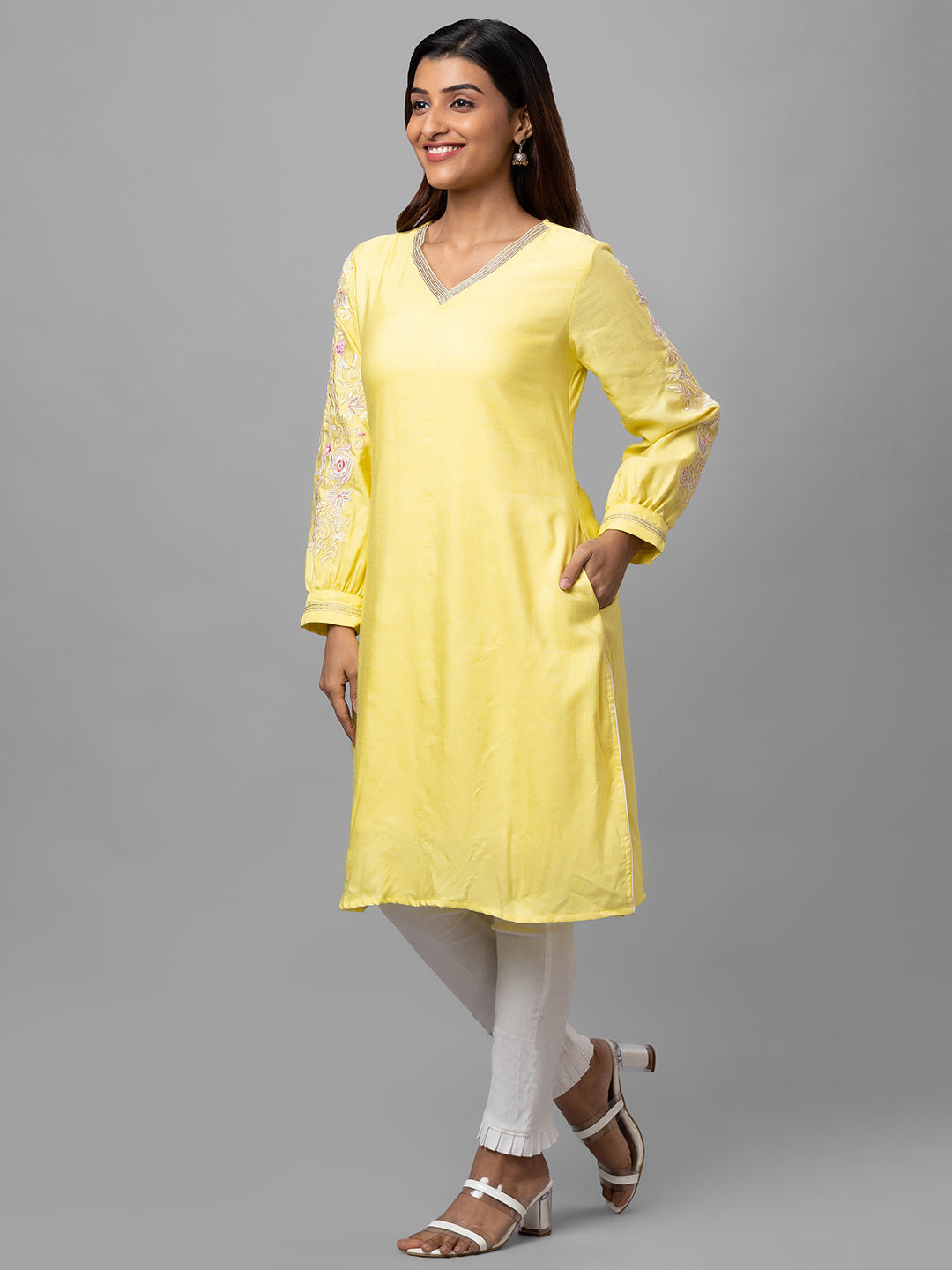 Eco Khadi Silk Yellow Hand Embroidered Kurta With Lace - Neev