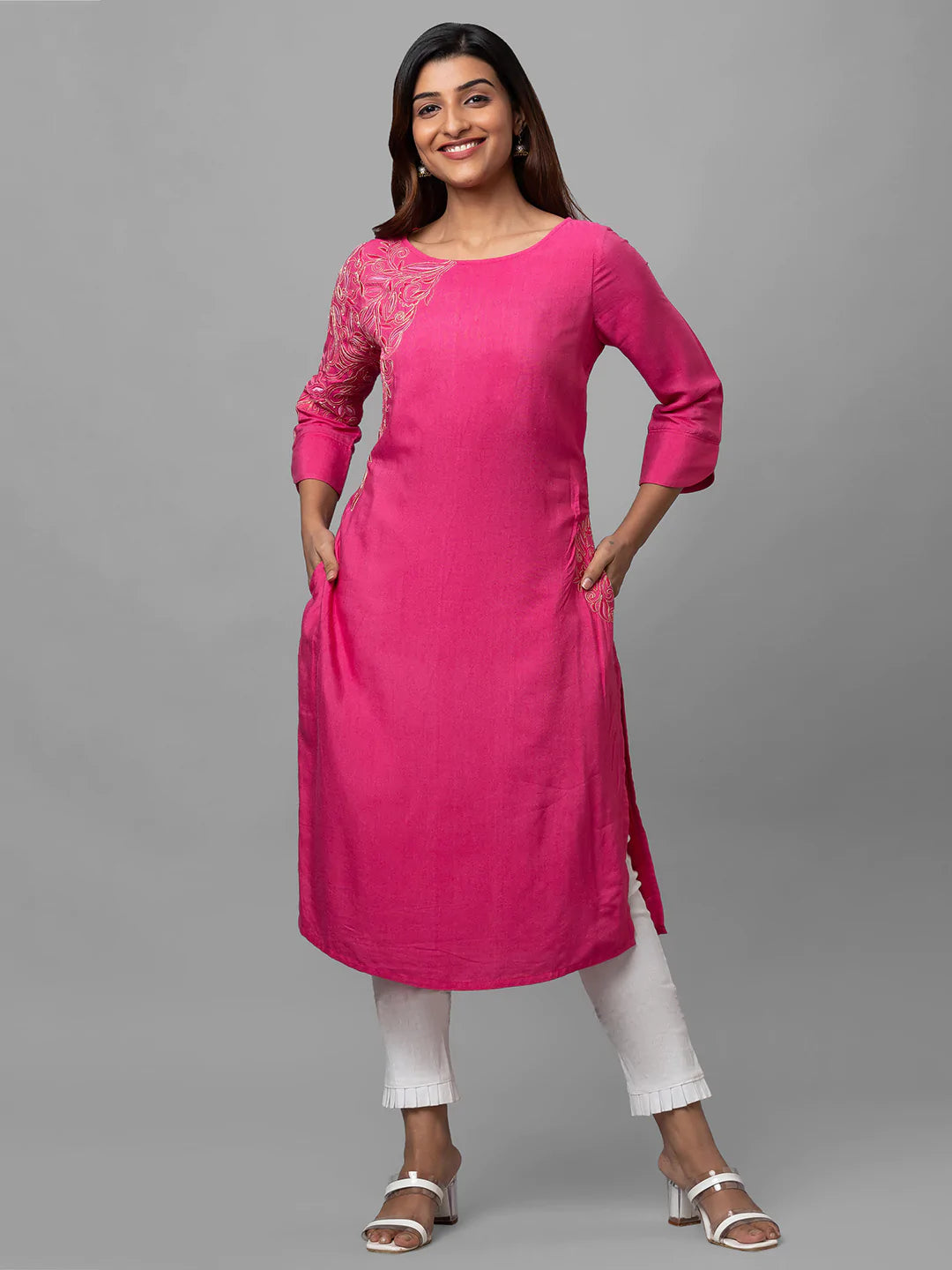 Eco Khadi Silk Pink Hand Embroidered Kurta - Raag