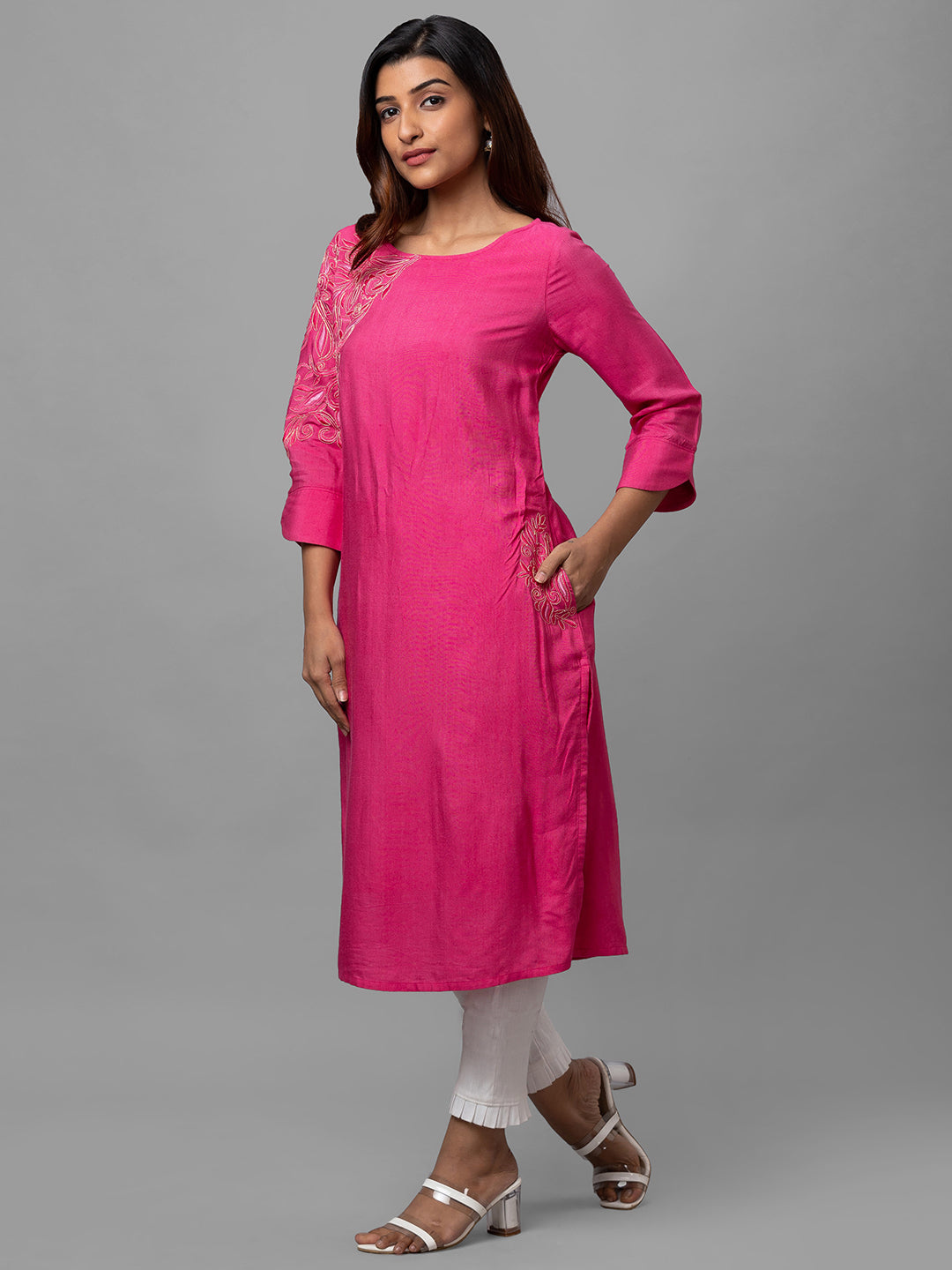 Eco Khadi Silk Pink Hand Embroidered Kurta - Raag