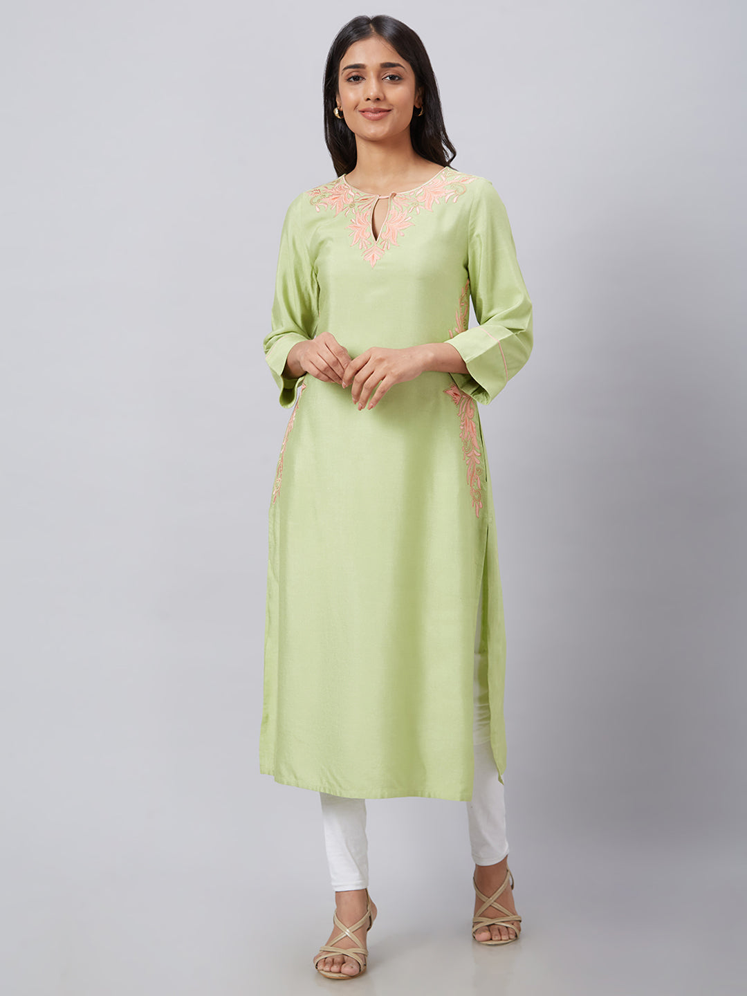 Eco Khadi Silk Winter Green Placement Embroidered Kurta - Rang