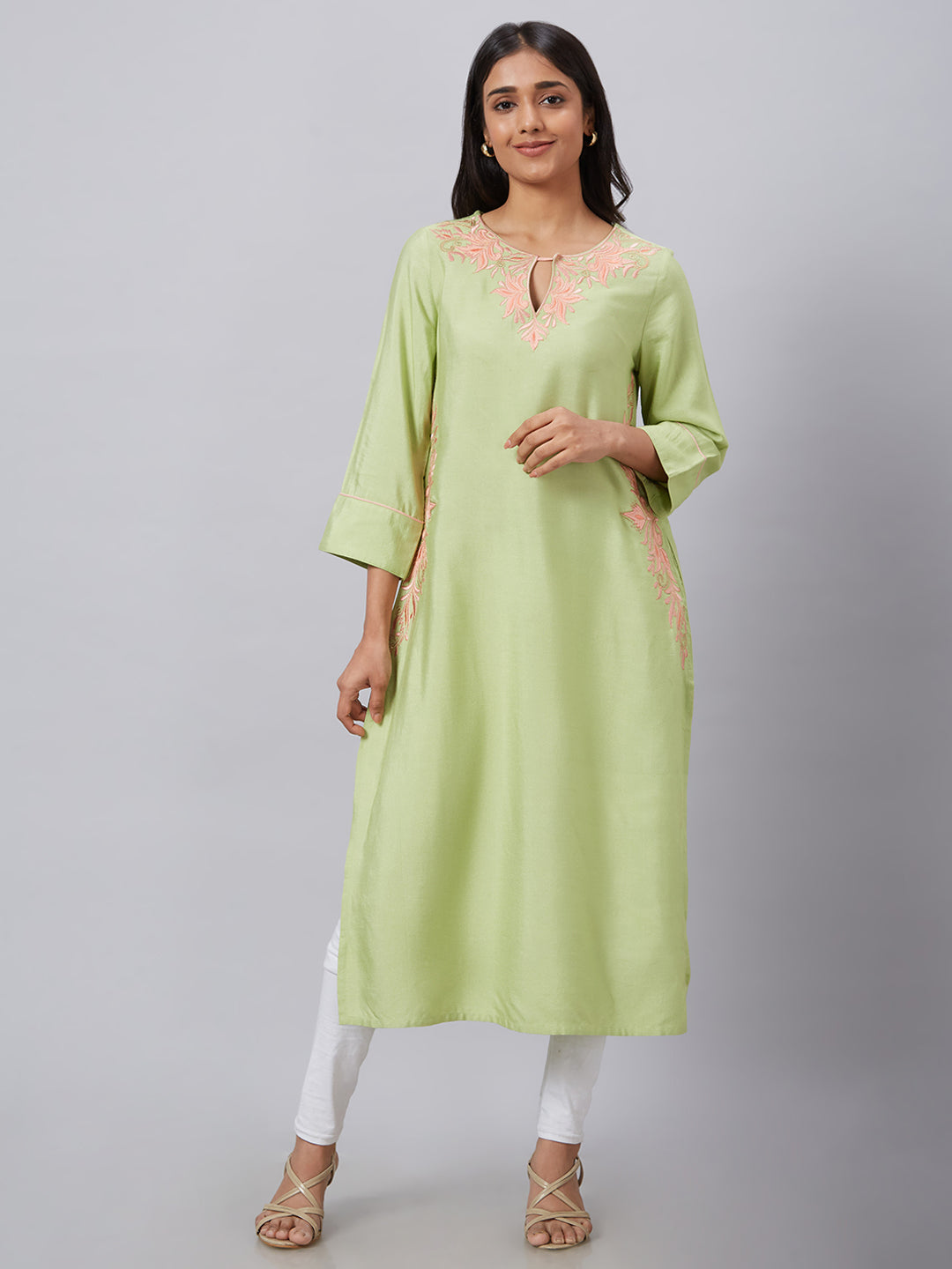 Eco Khadi Silk Winter Green Placement Embroidered Kurta - Rang