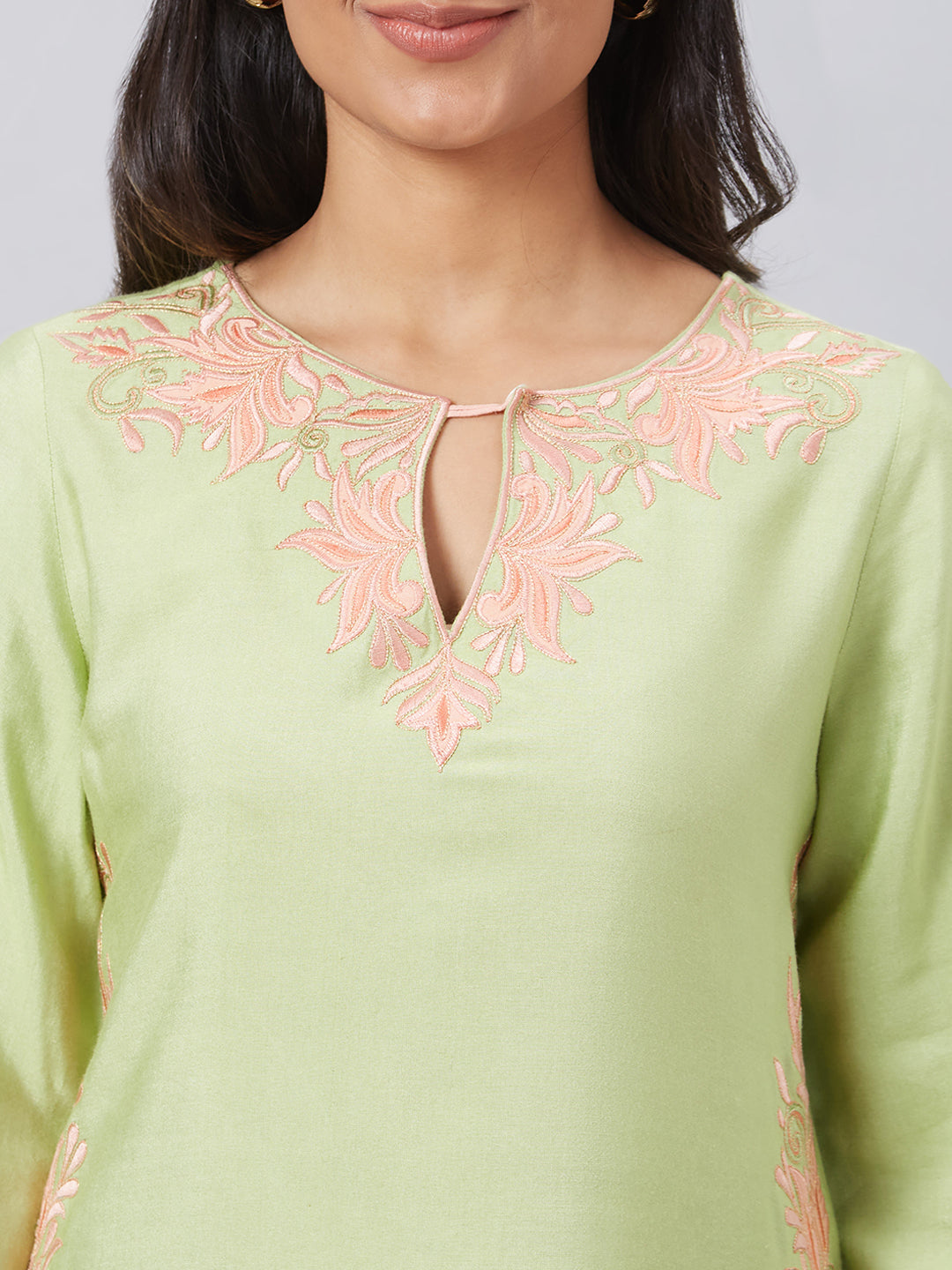 Eco Khadi Silk Winter Green Placement Embroidered Kurta - Rang