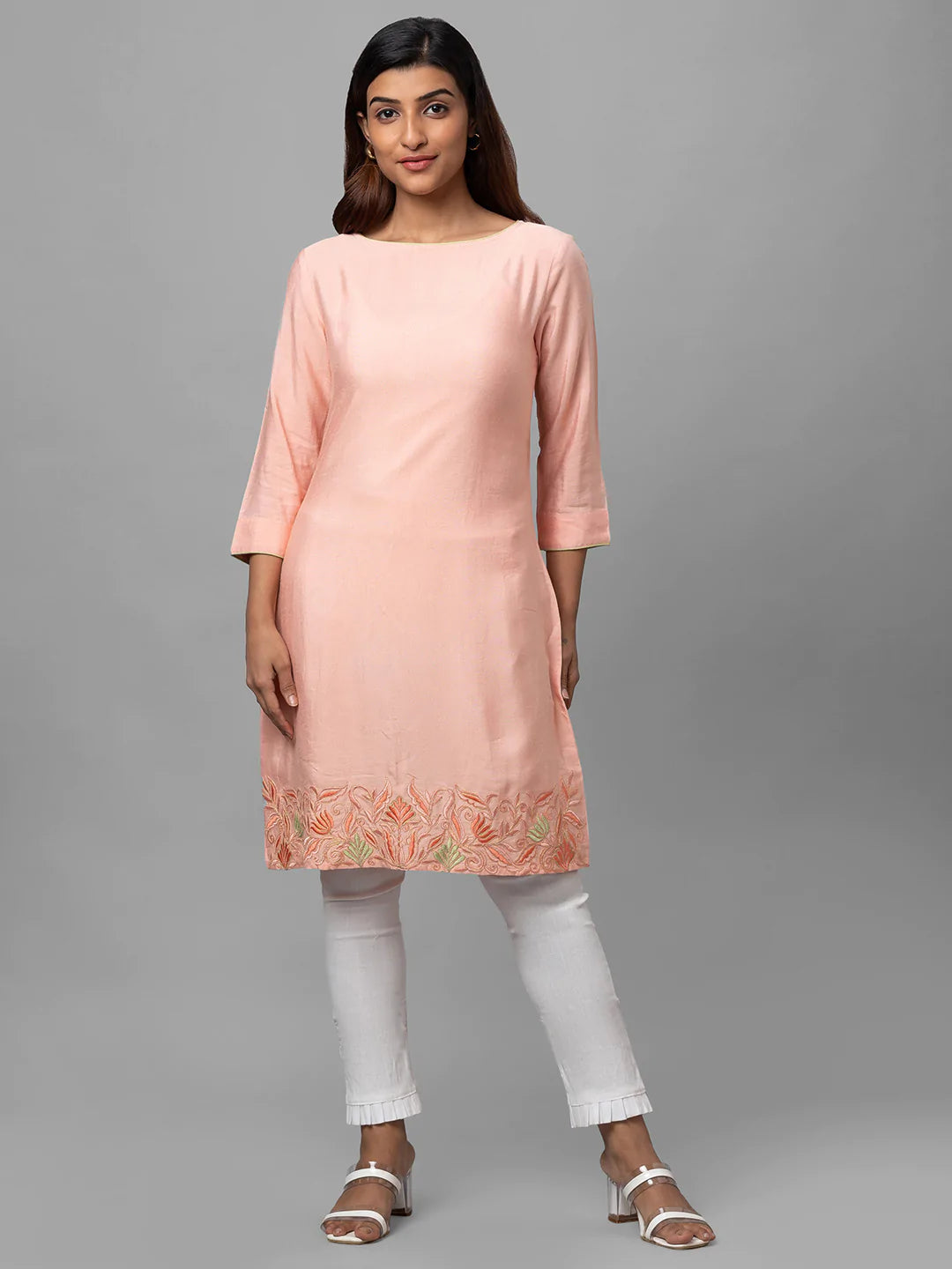 Eco Khadi Silk Peach Hand Embroidered Tunic Dress - Shaye