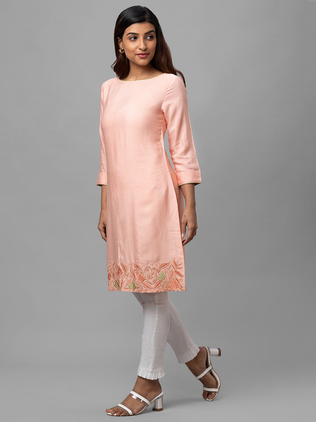 Eco Khadi Silk Peach Hand Embroidered Tunic Dress - Shaye