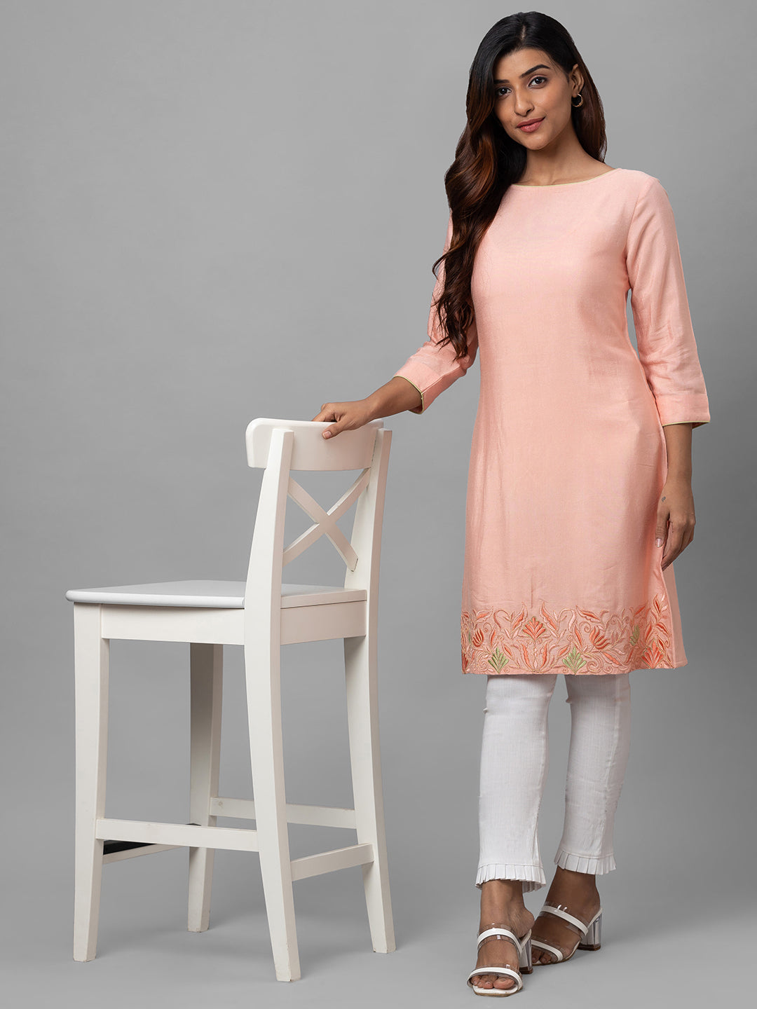 Eco Khadi Silk Peach Hand Embroidered Tunic Dress - Shaye