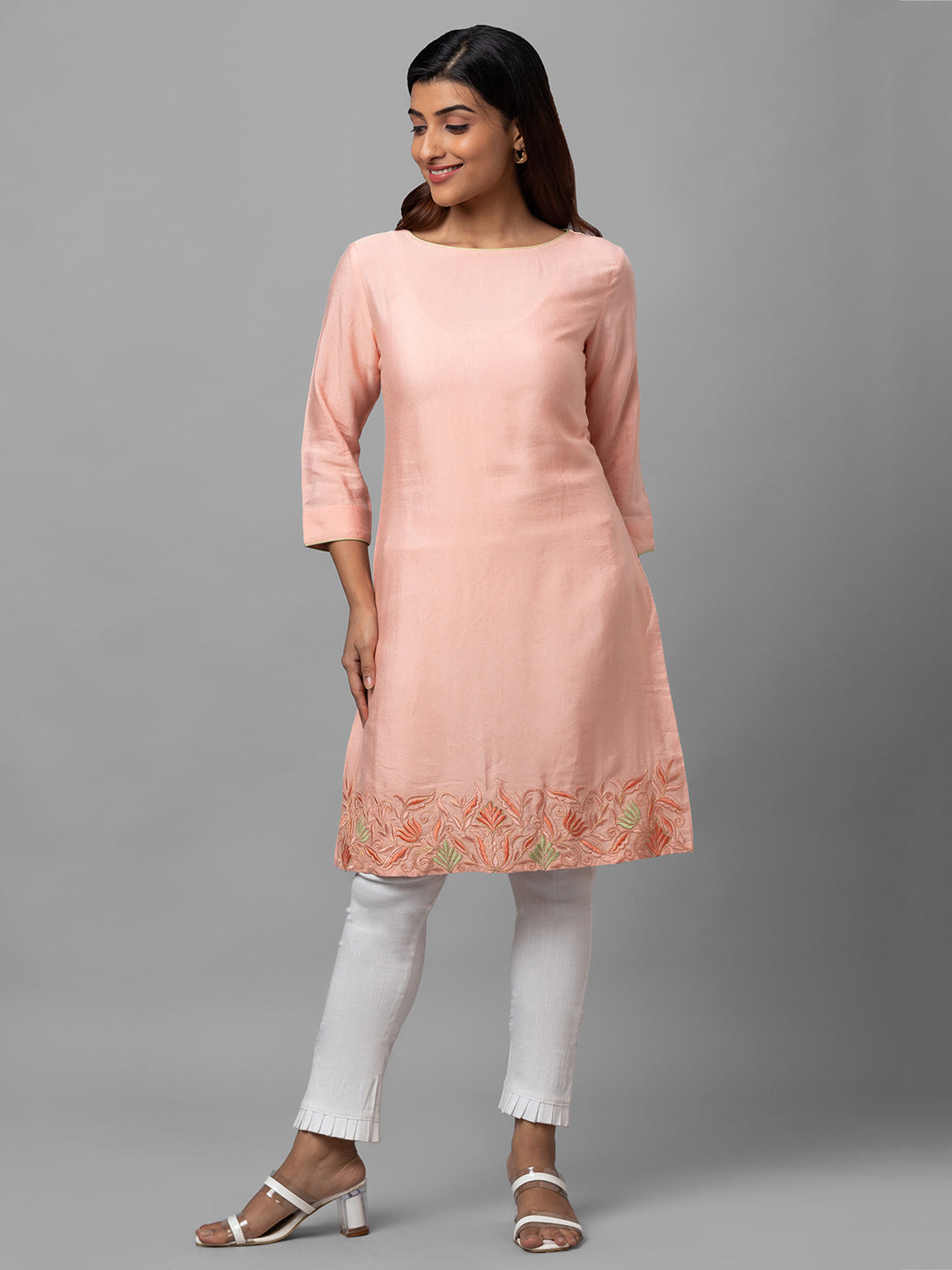 Eco Khadi Silk Peach Hand Embroidered Tunic Dress - Shaye
